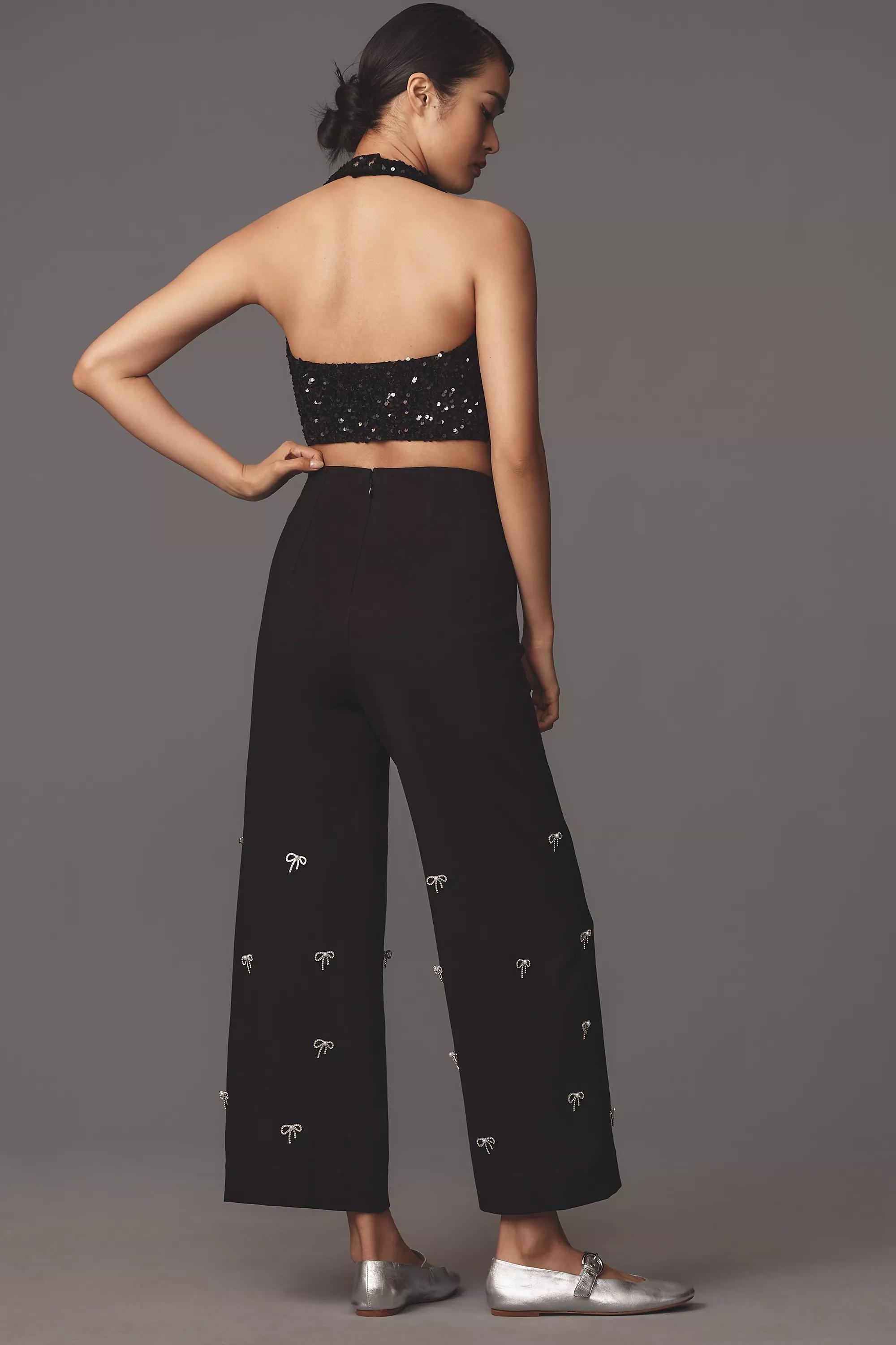 Anthropologie Embroidered Formal Trousers, Black, A501_0001, large image number 1