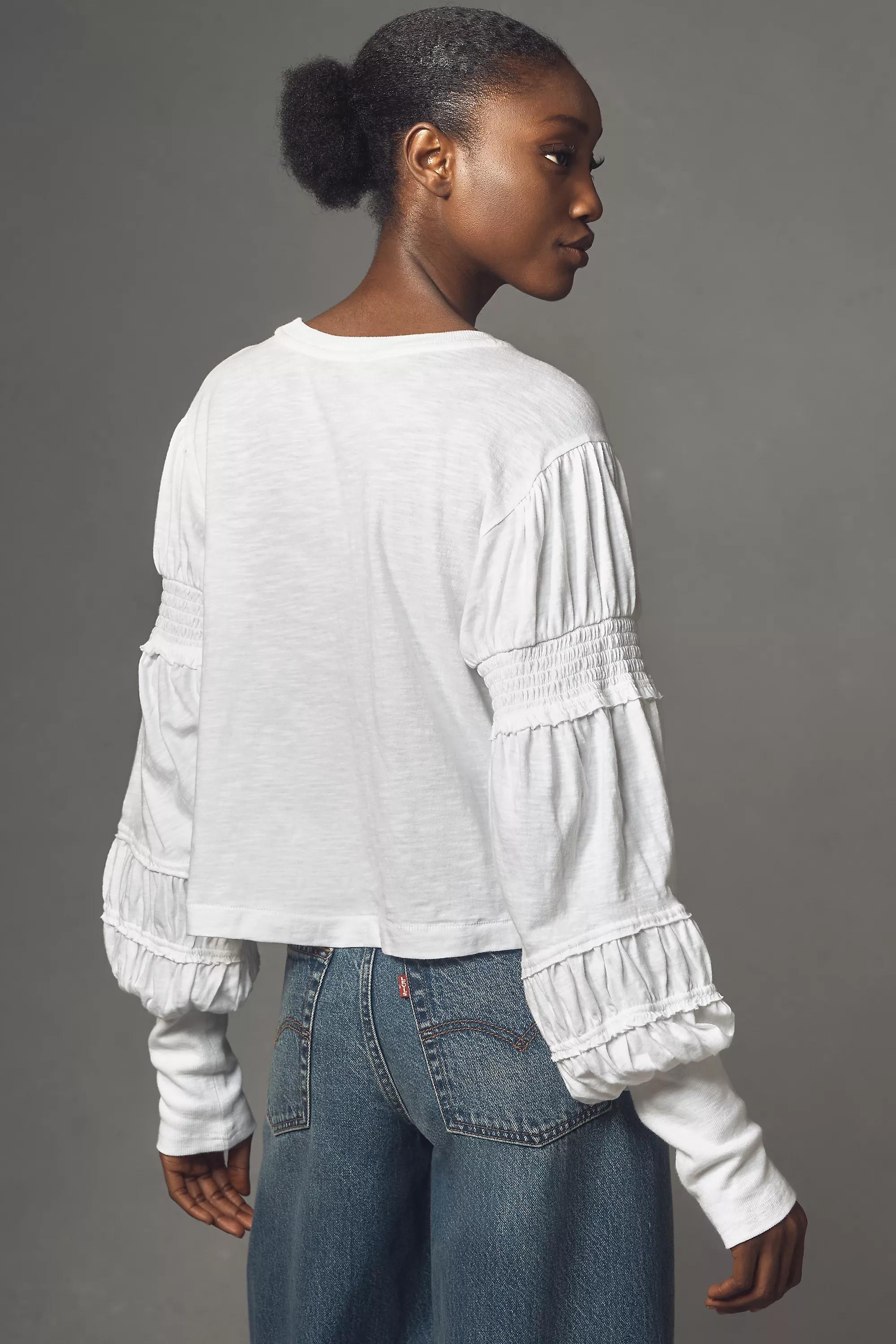 Anthropologie Frills Ruffle Crop Top, White, White, medium