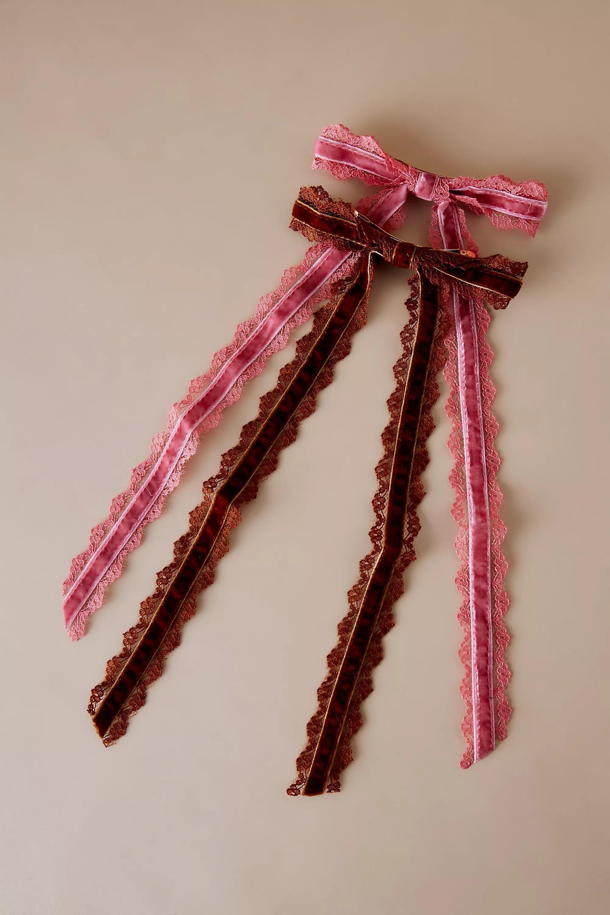 Lace-Trim Velvet Hair Bows, Kids Girls, , medium