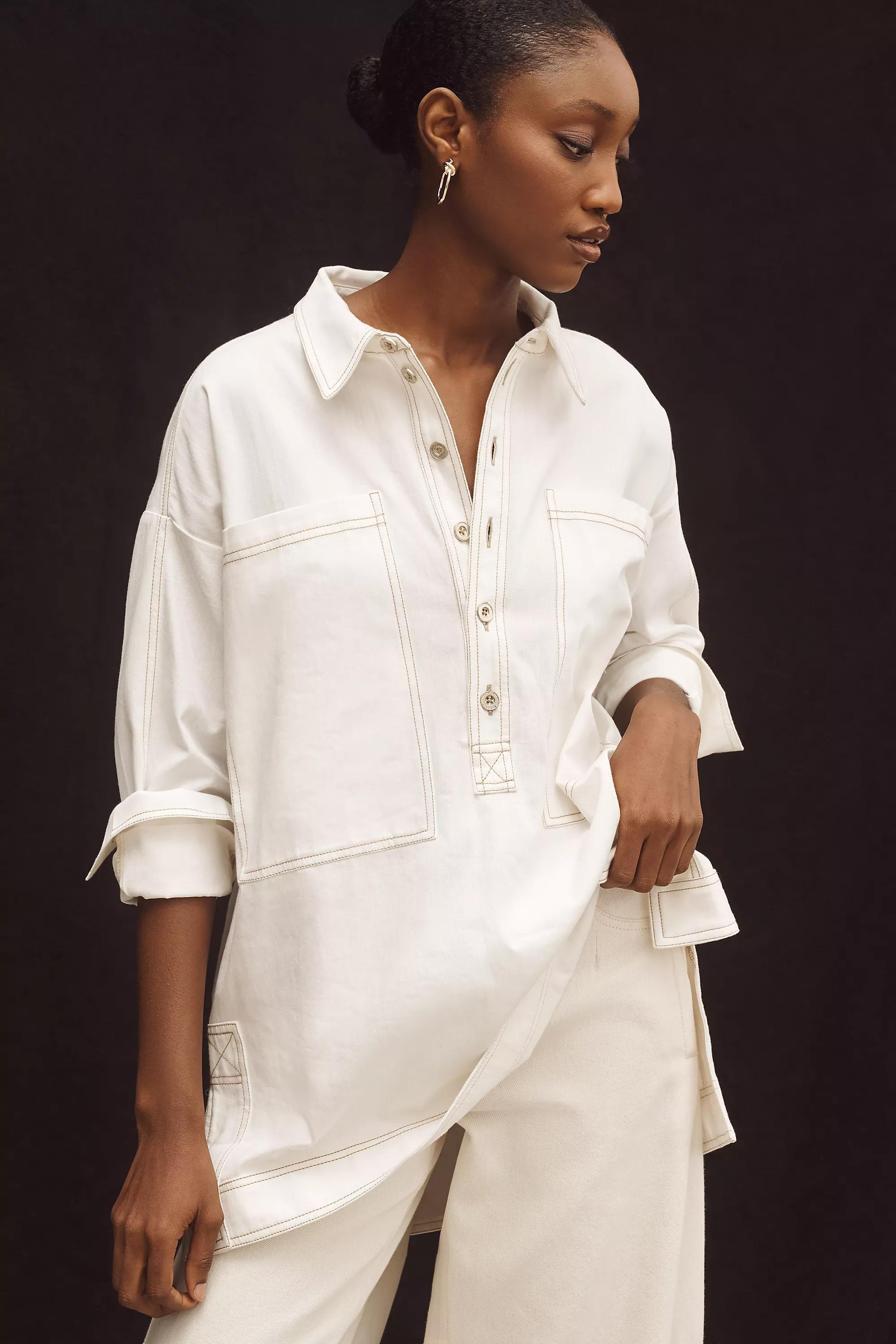 By Pilcro Patch Pocket Collared Popover Blouse, White, , large image number 0