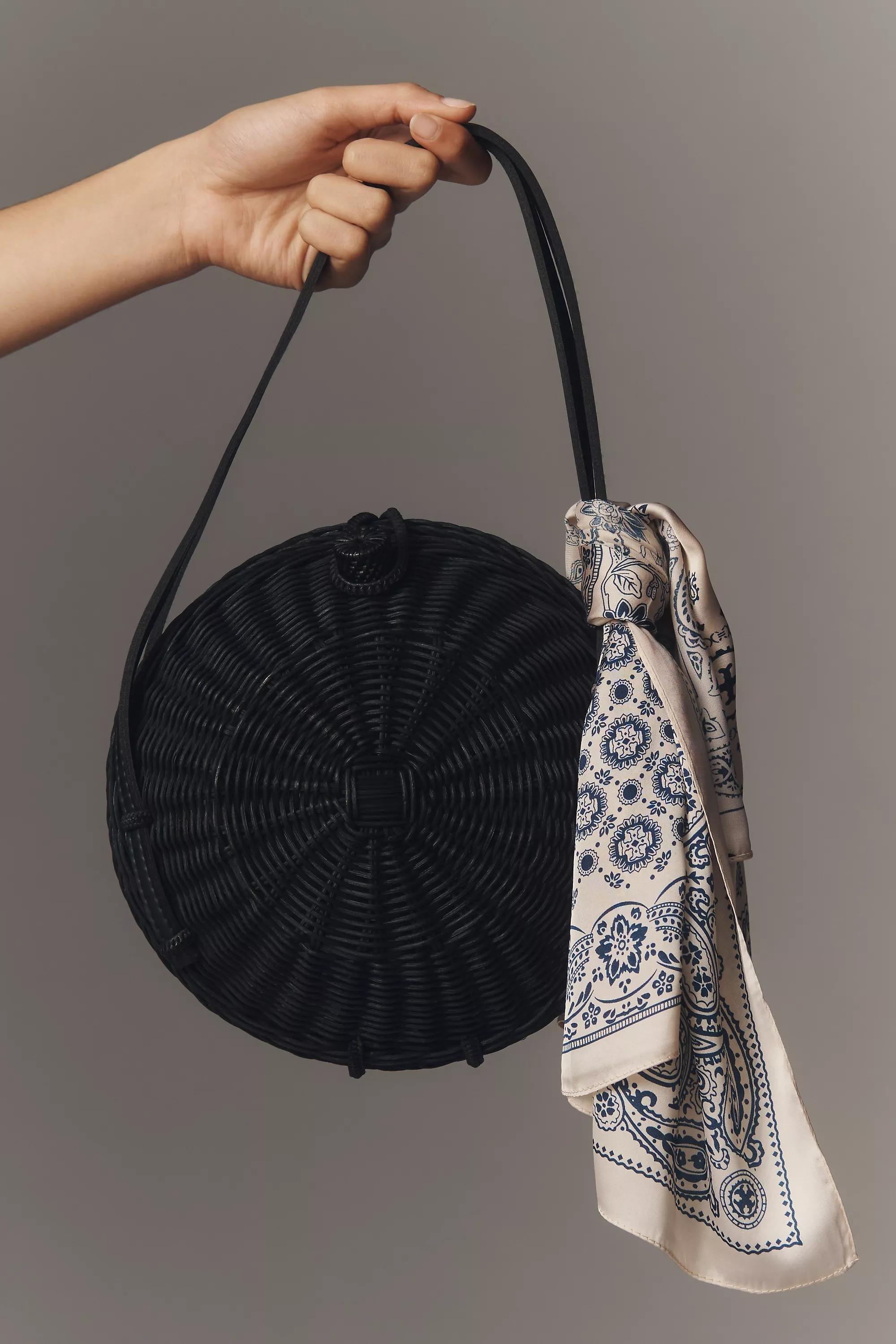 Woven Rattan Round Shoulder Bag, Black, A501_0001, large image number 0
