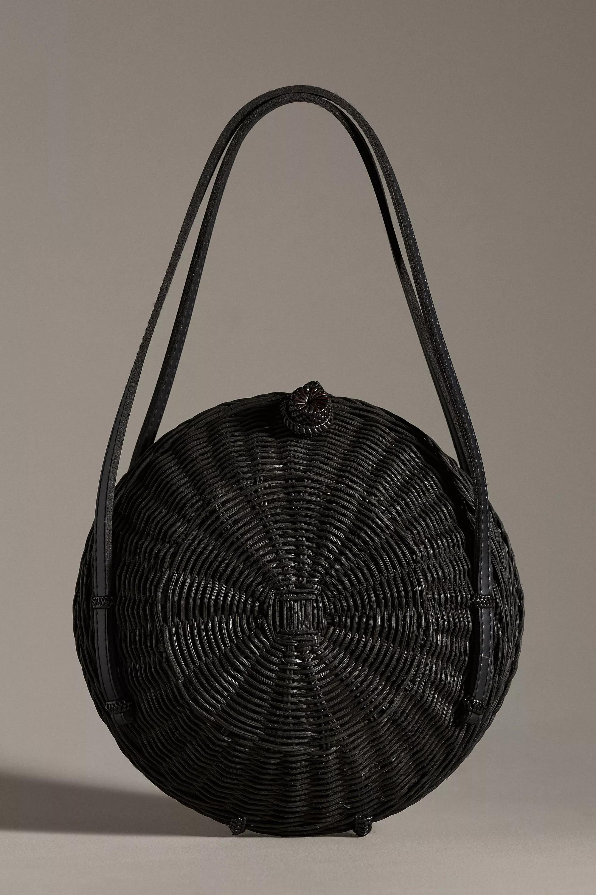 Woven Rattan Round Shoulder Bag, Black, A501_0001, large image number 1