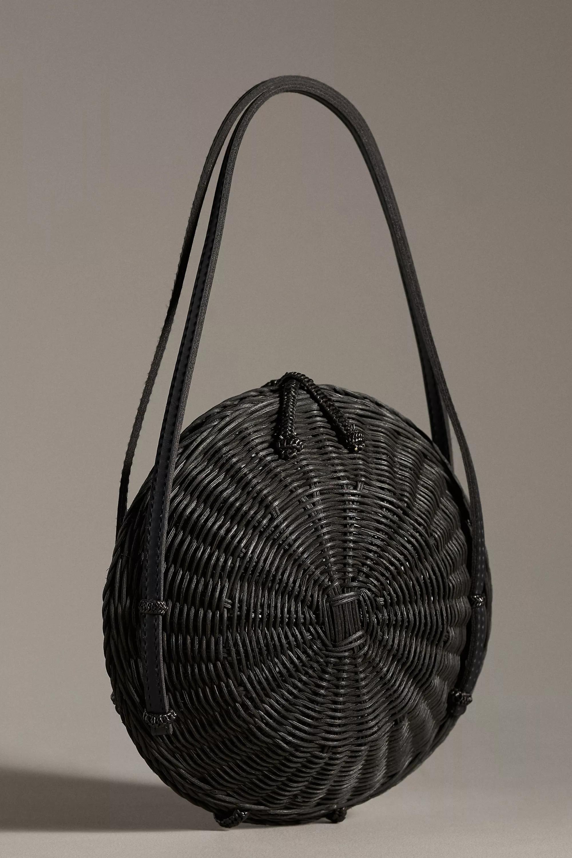 Woven Rattan Round Shoulder Bag, Black, A501_0001, large image number 2