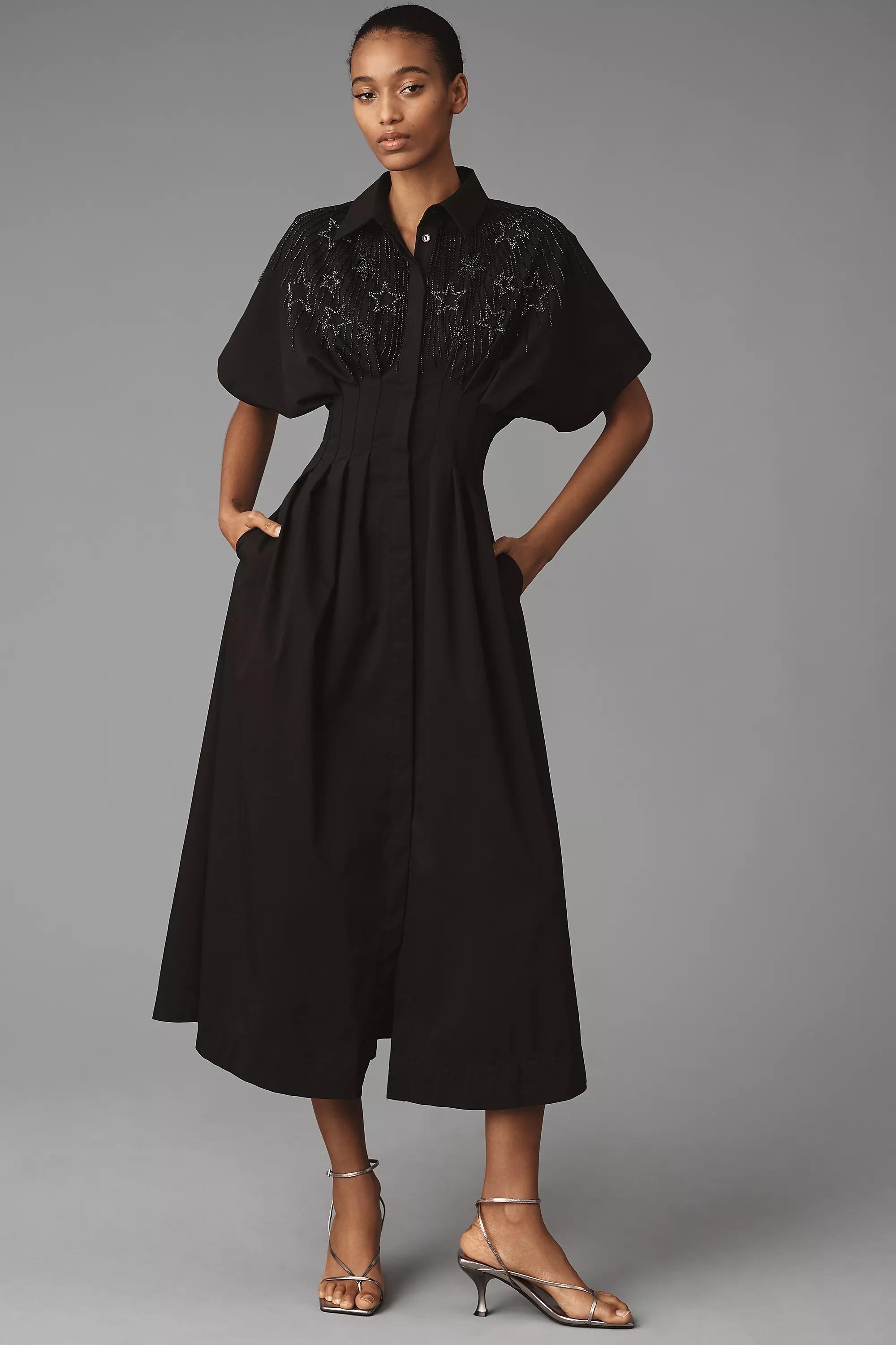 Anthropologie Embroidered Shirt Dress, Black, , large image number 0