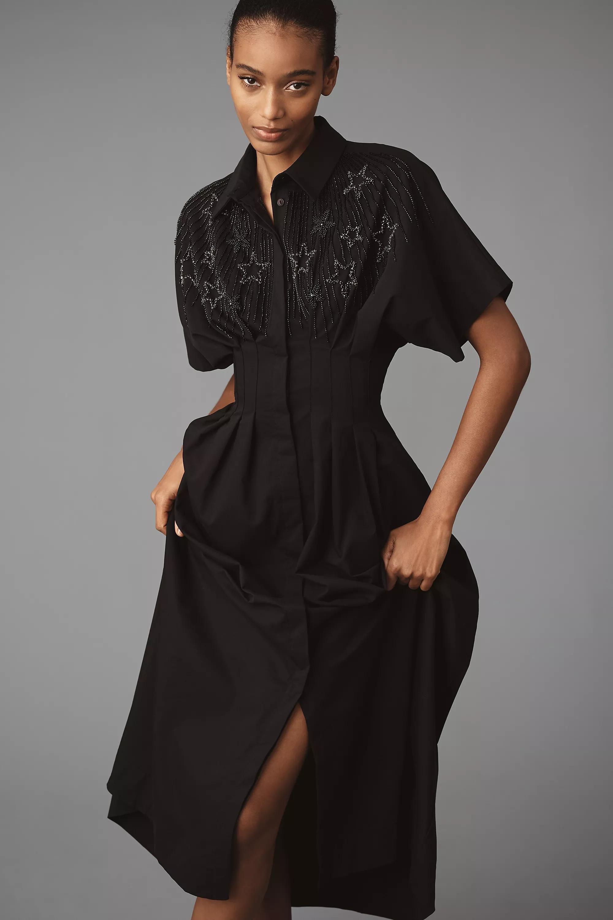 Anthropologie Embroidered Shirt Dress, Black, , large image number 2