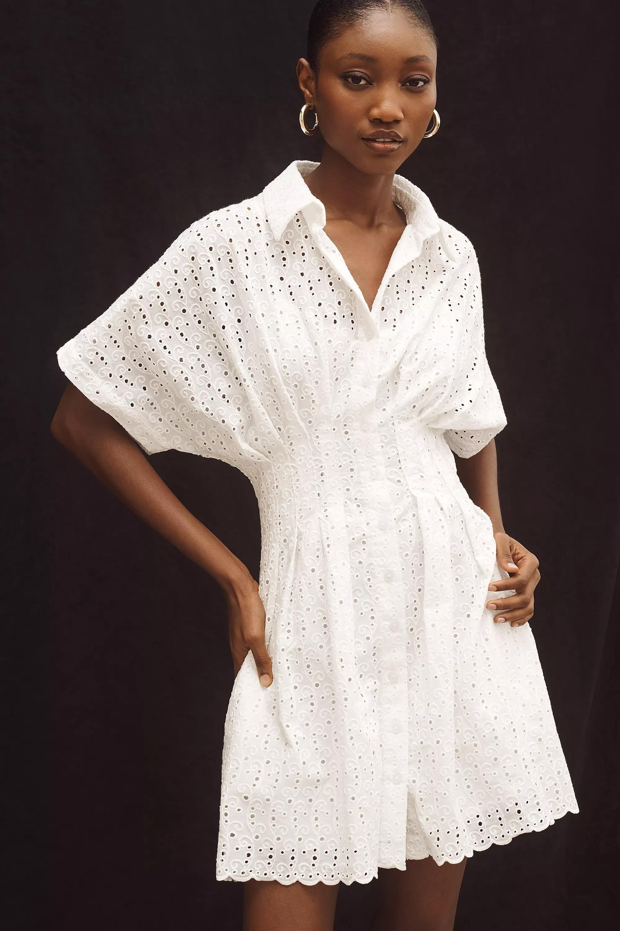 WHITE The Tobie Button-Front Pleated Shirt Dress by Exquise: Mini Eyelet Edition, , large image number 0