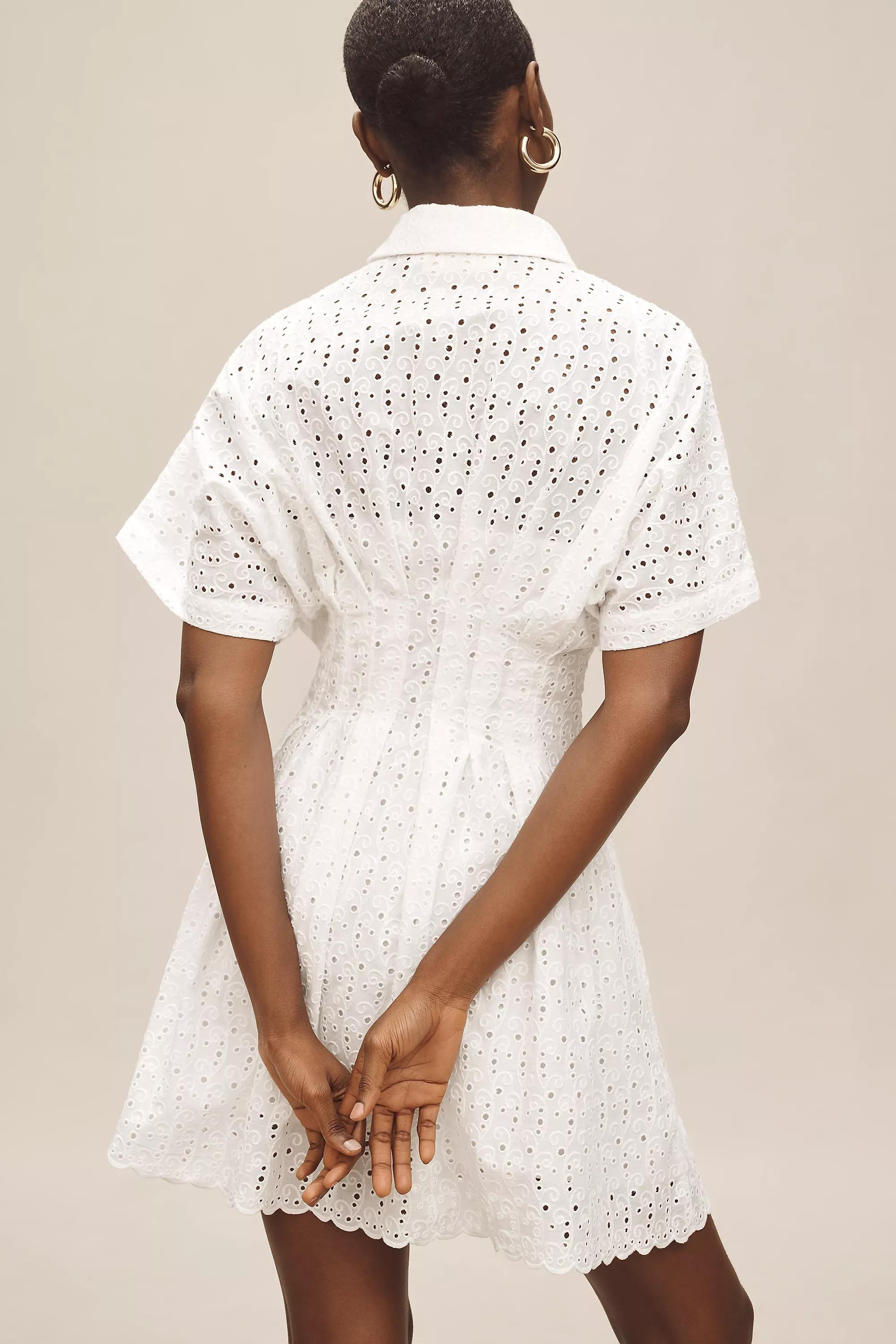 WHITE The Tobie Button-Front Pleated Shirt Dress by Exquise: Mini Eyelet Edition, , large image number 1