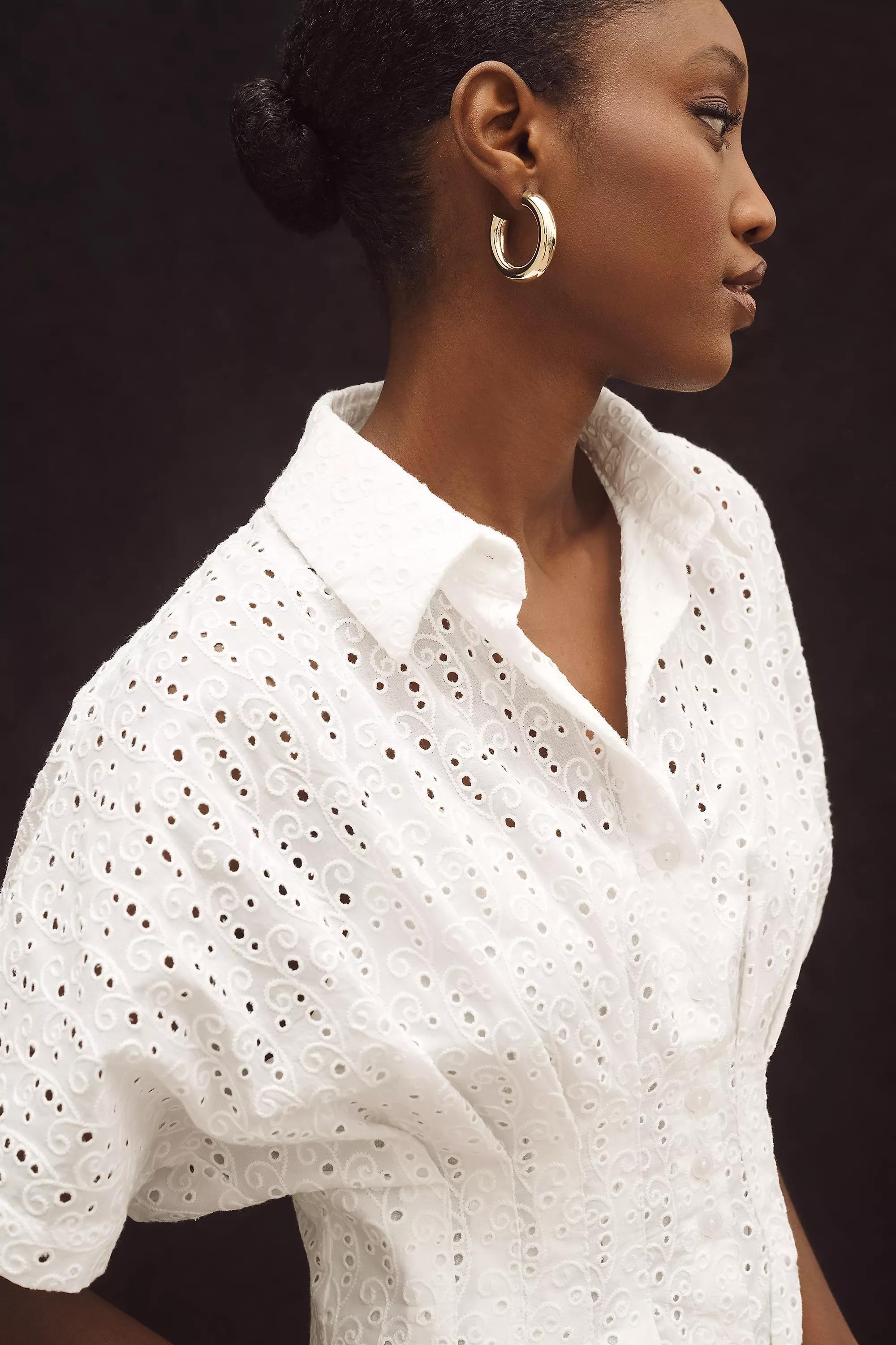WHITE The Tobie Button-Front Pleated Shirt Dress by Exquise: Mini Eyelet Edition, , large image number 3