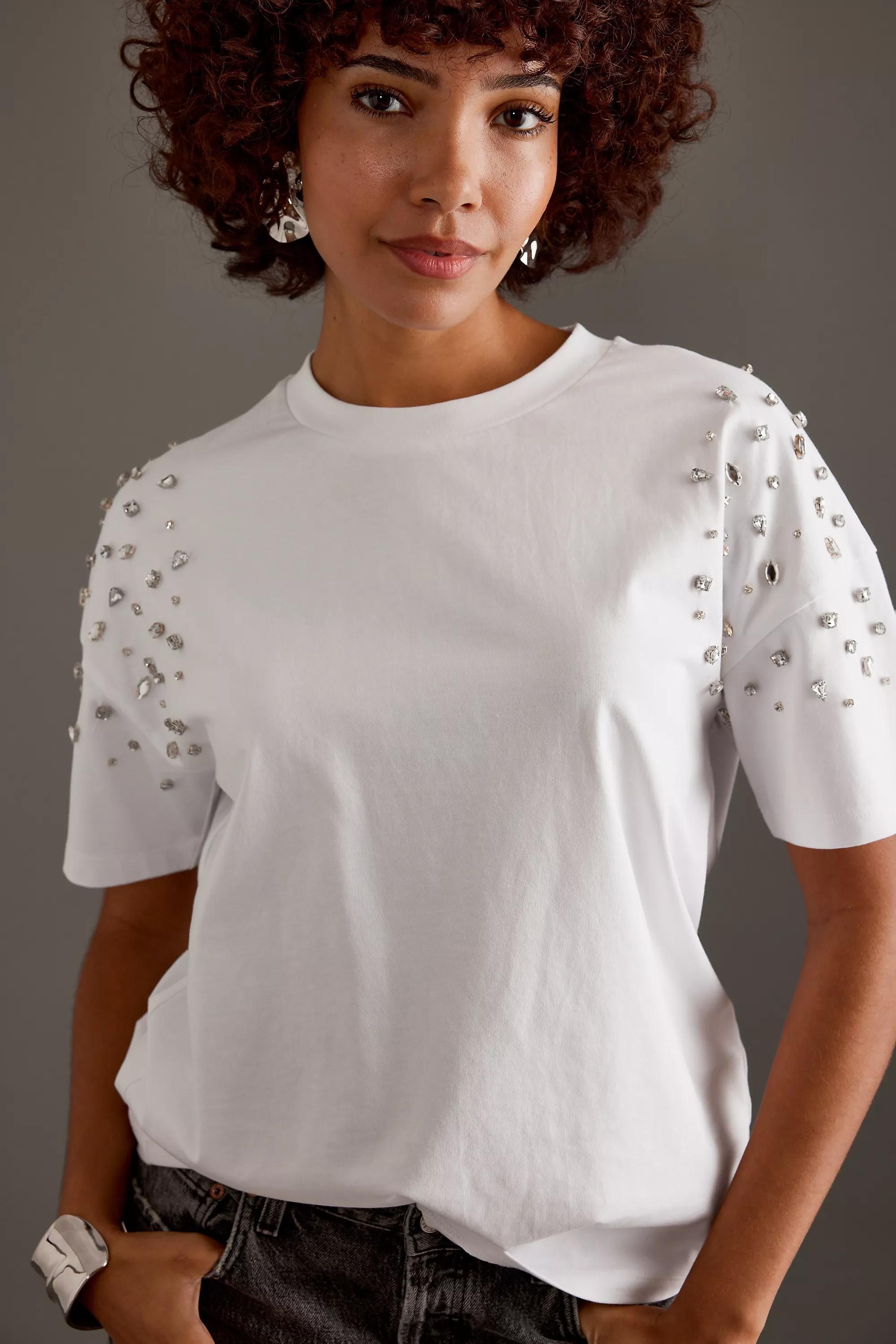 Anthropologie Textured Casual Retro T-Shirt, White, , large image number 0