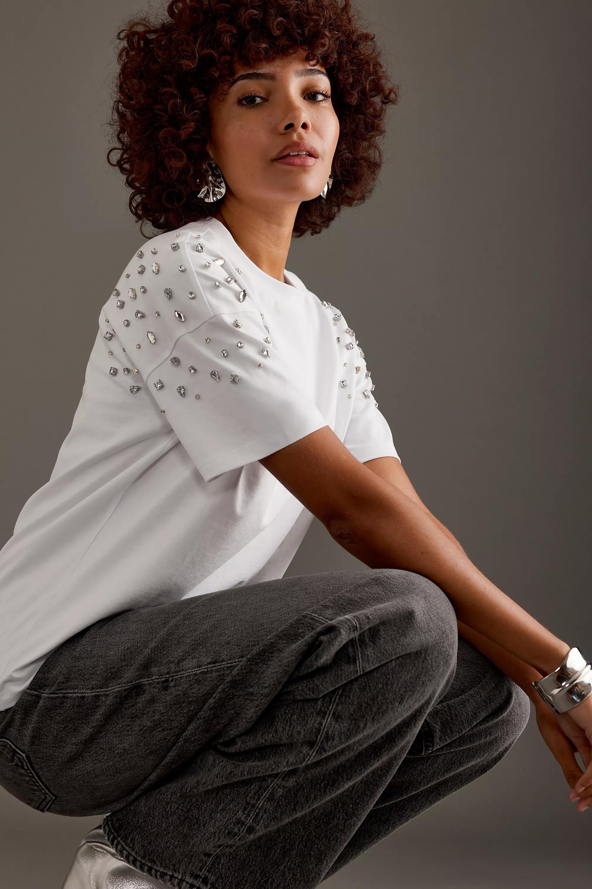 Anthropologie Textured Casual Retro T-Shirt, White, , large image number 3