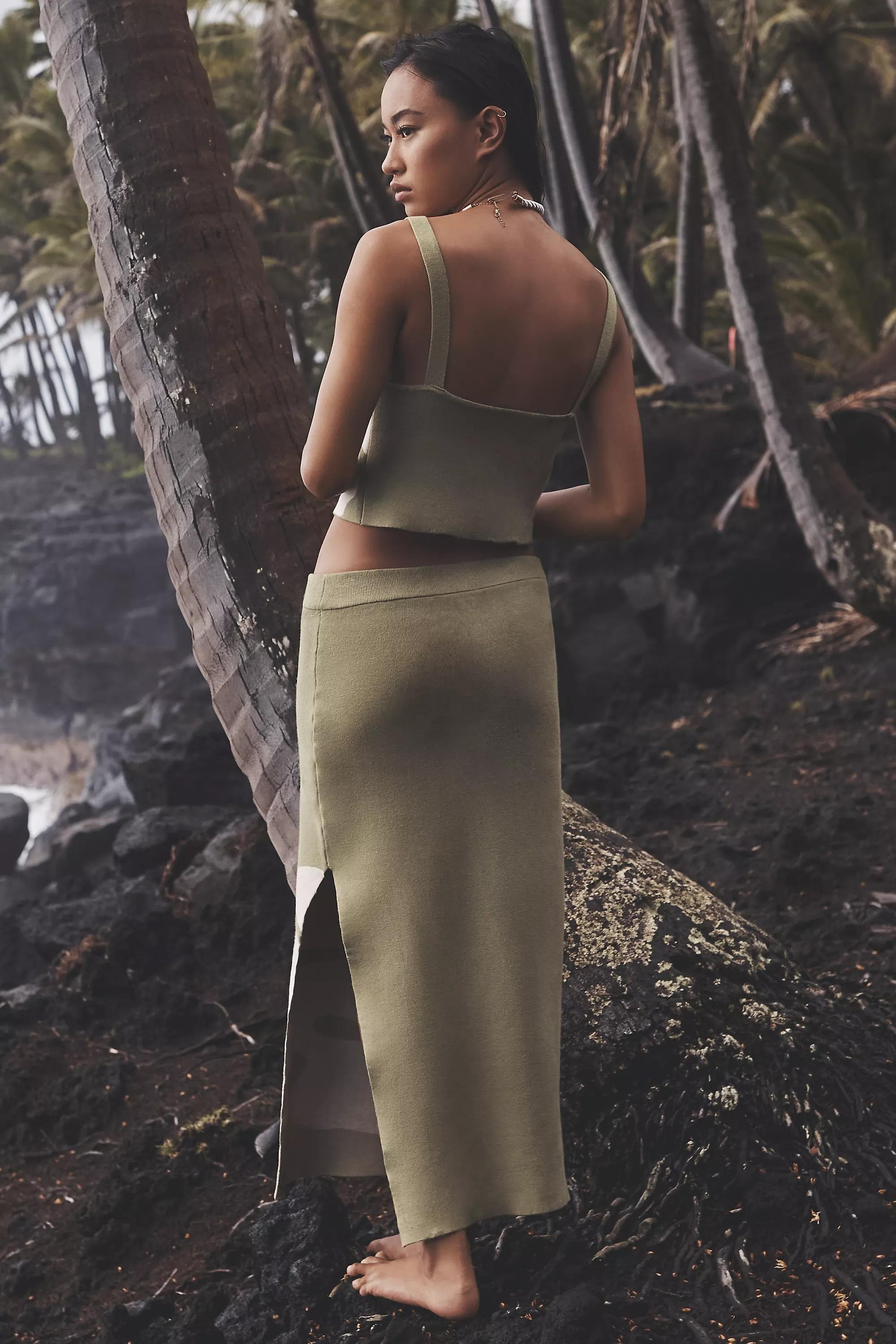 Celandine Monstera Knit Crop Tank Top, Khaki, , large image number 2