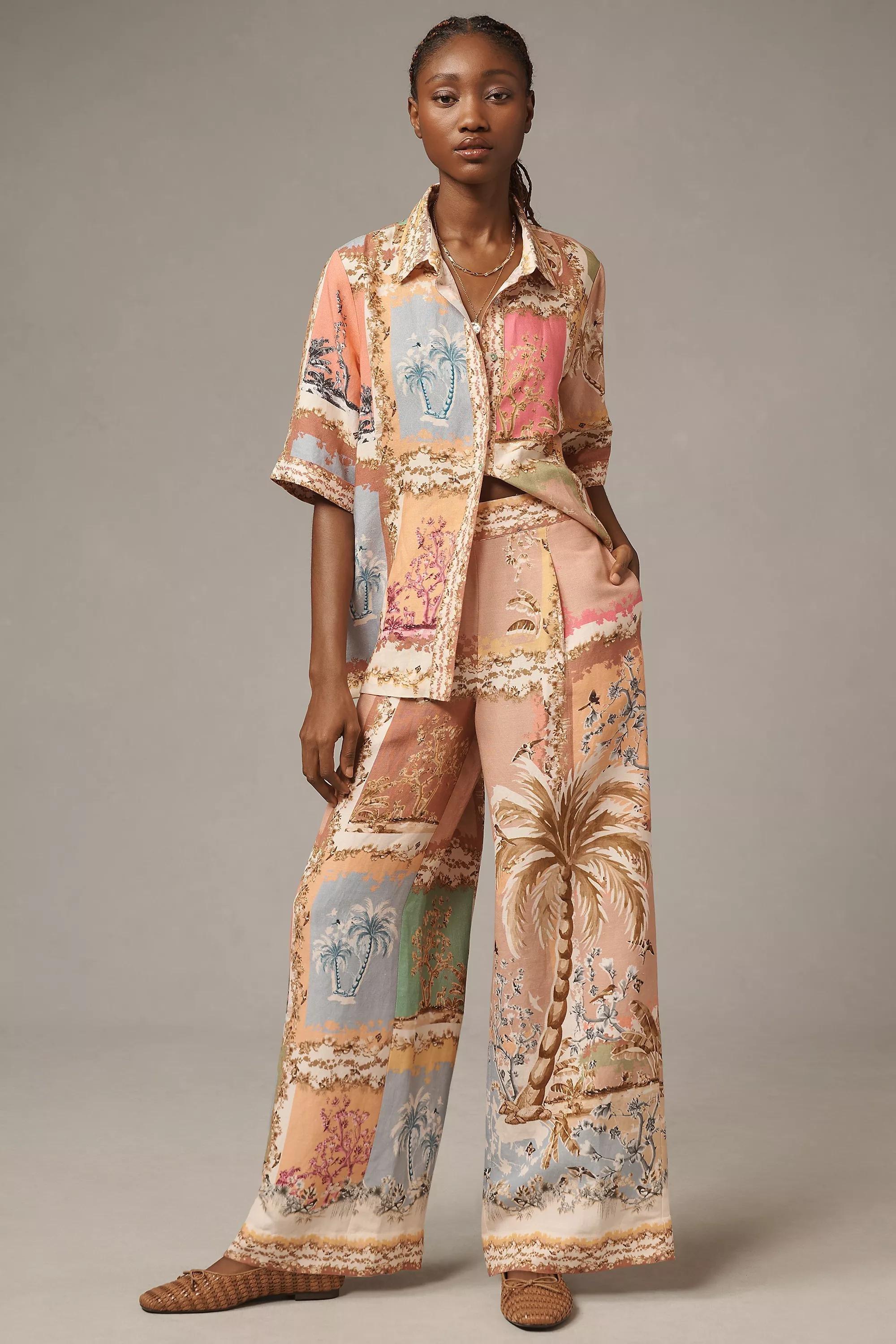 Ranna Gill Palm Beach Printed Linen Wide-Leg Trousers, Multicolour, , large image number 0