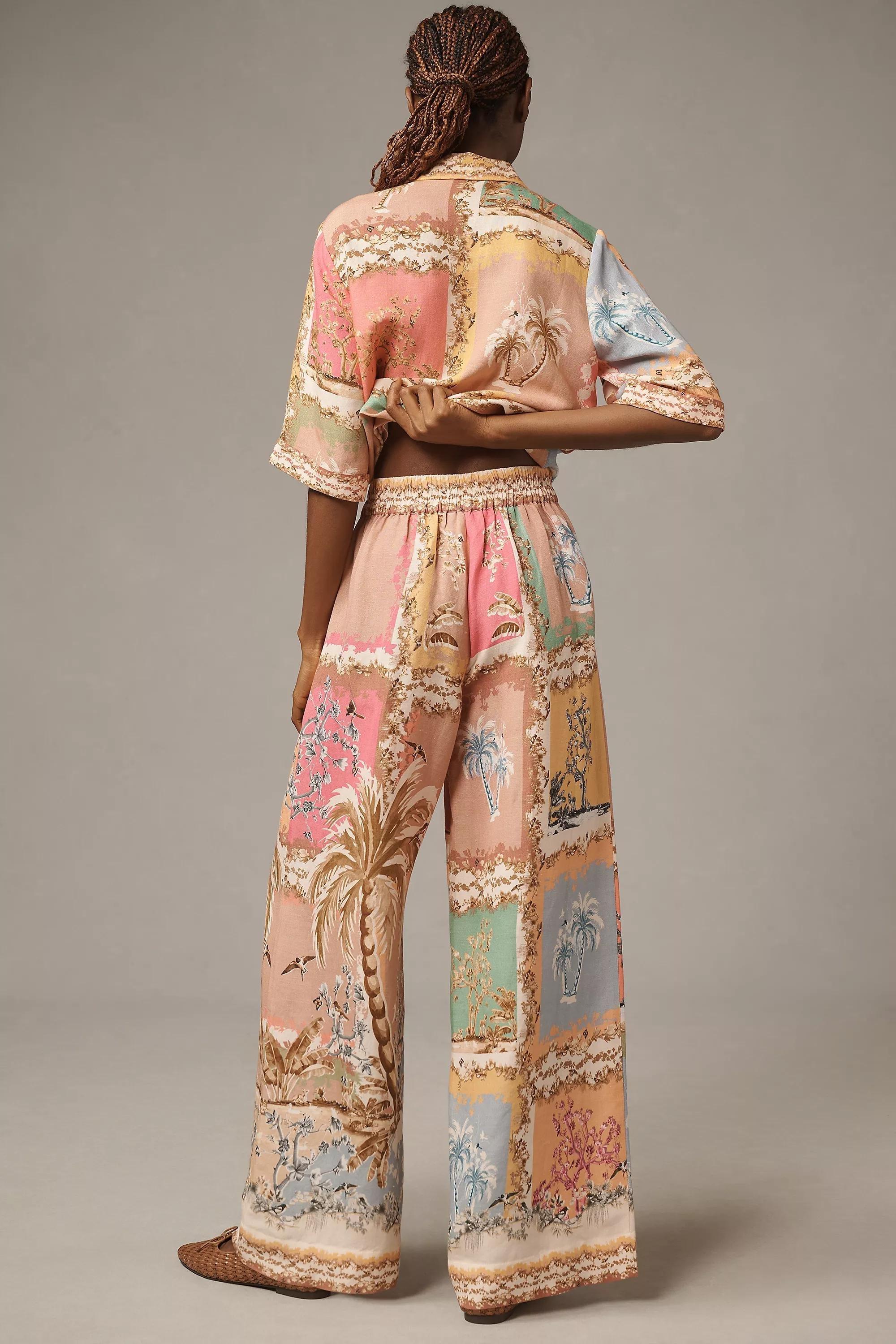 Ranna Gill Palm Beach Printed Linen Wide-Leg Trousers, Multicolour, , large image number 1