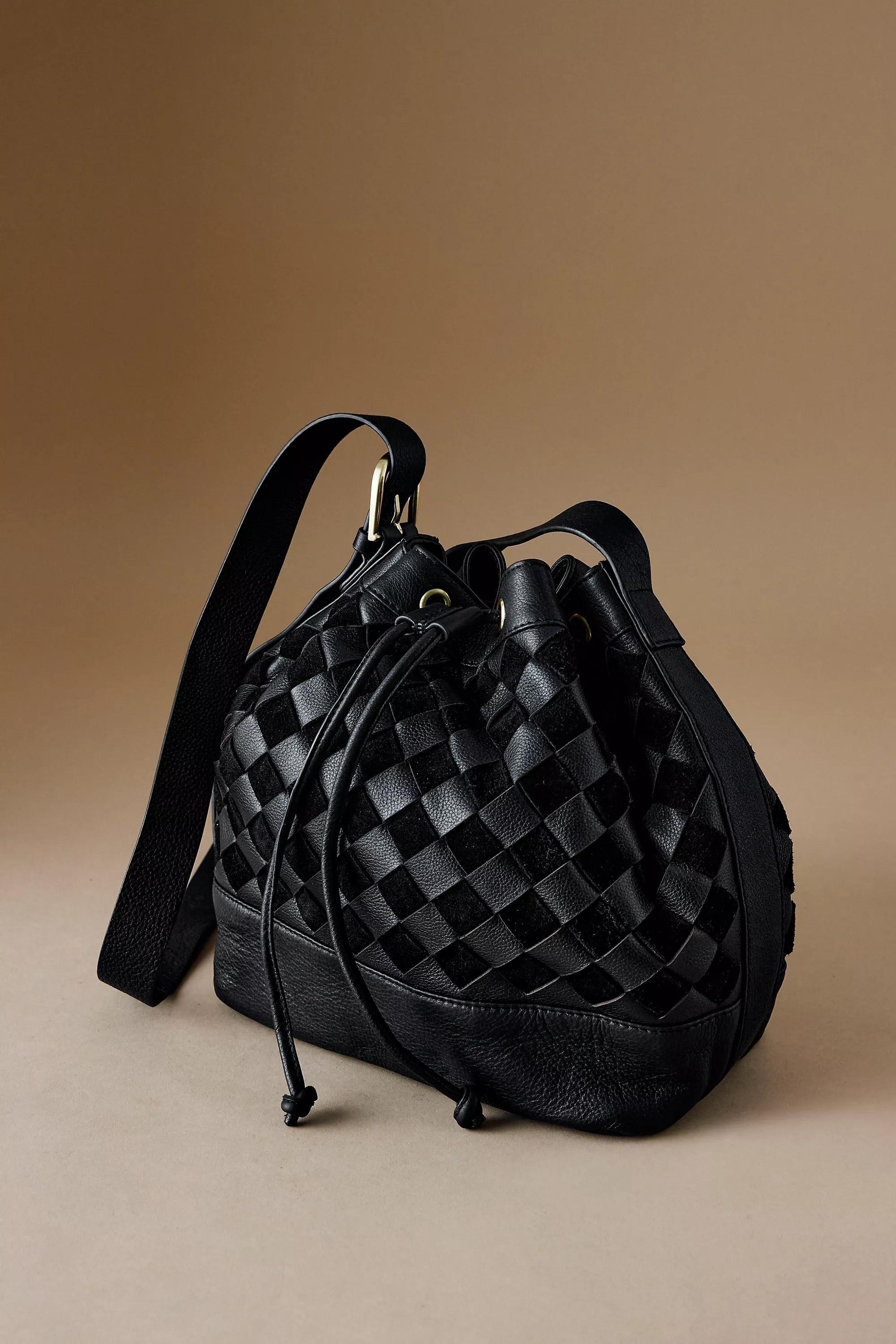 By Anthropologie Check Leather Bucket Bag, Black, A501_0001, large image number 0