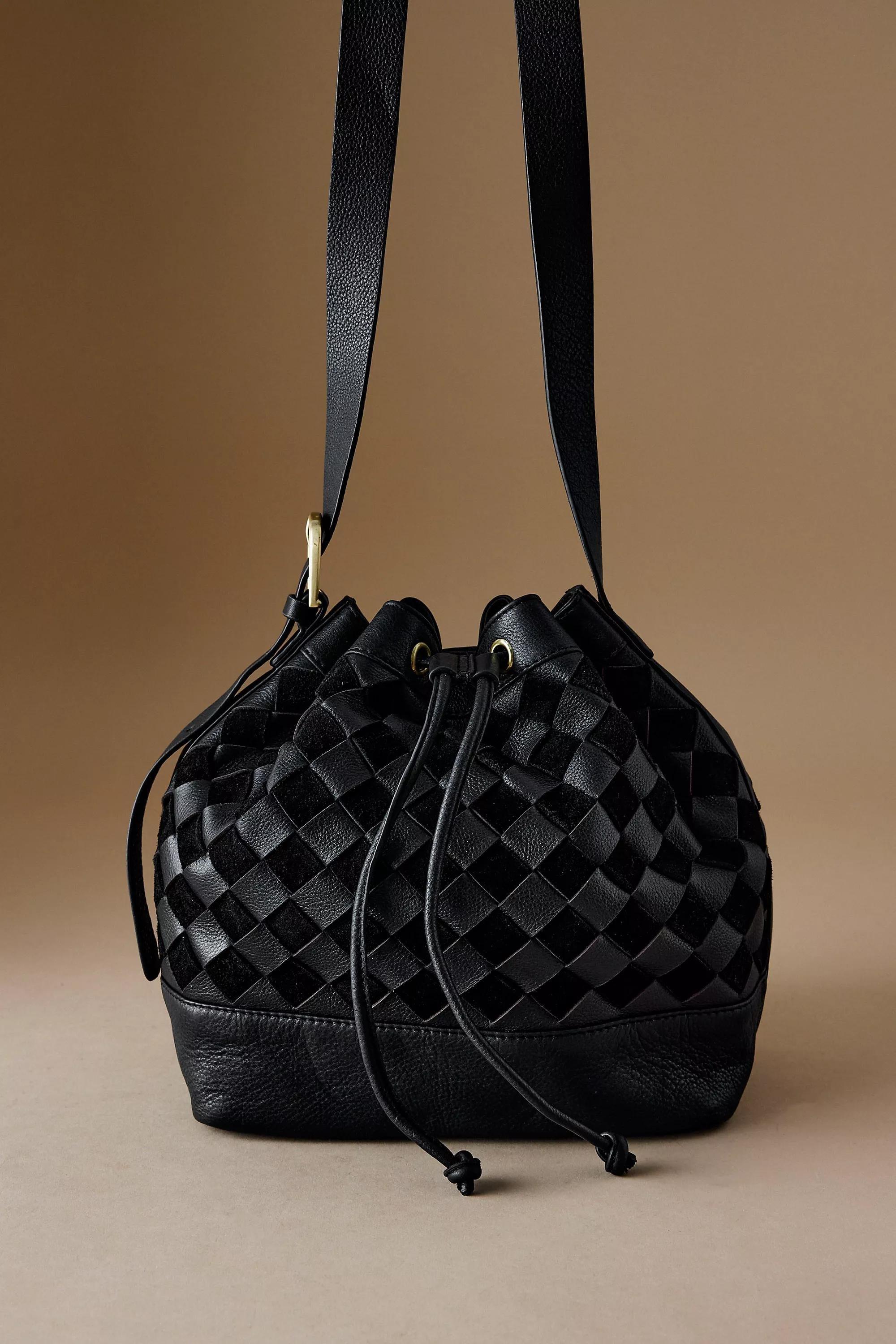 By Anthropologie Check Leather Bucket Bag, Black, A501_0001, large image number 2
