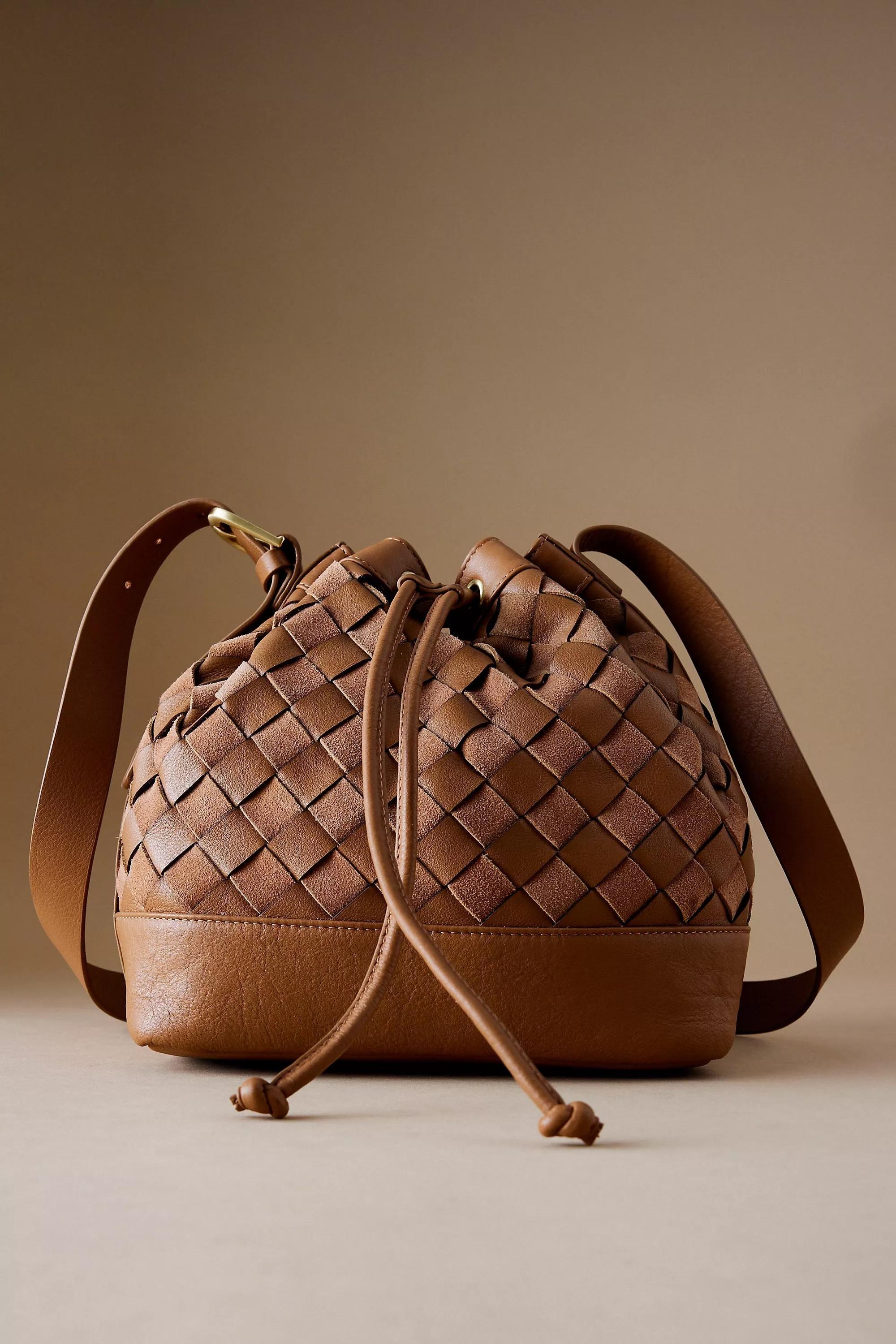 By Anthropologie Check Leather Bucket Bag, Brown, A501_0224, large image number 0