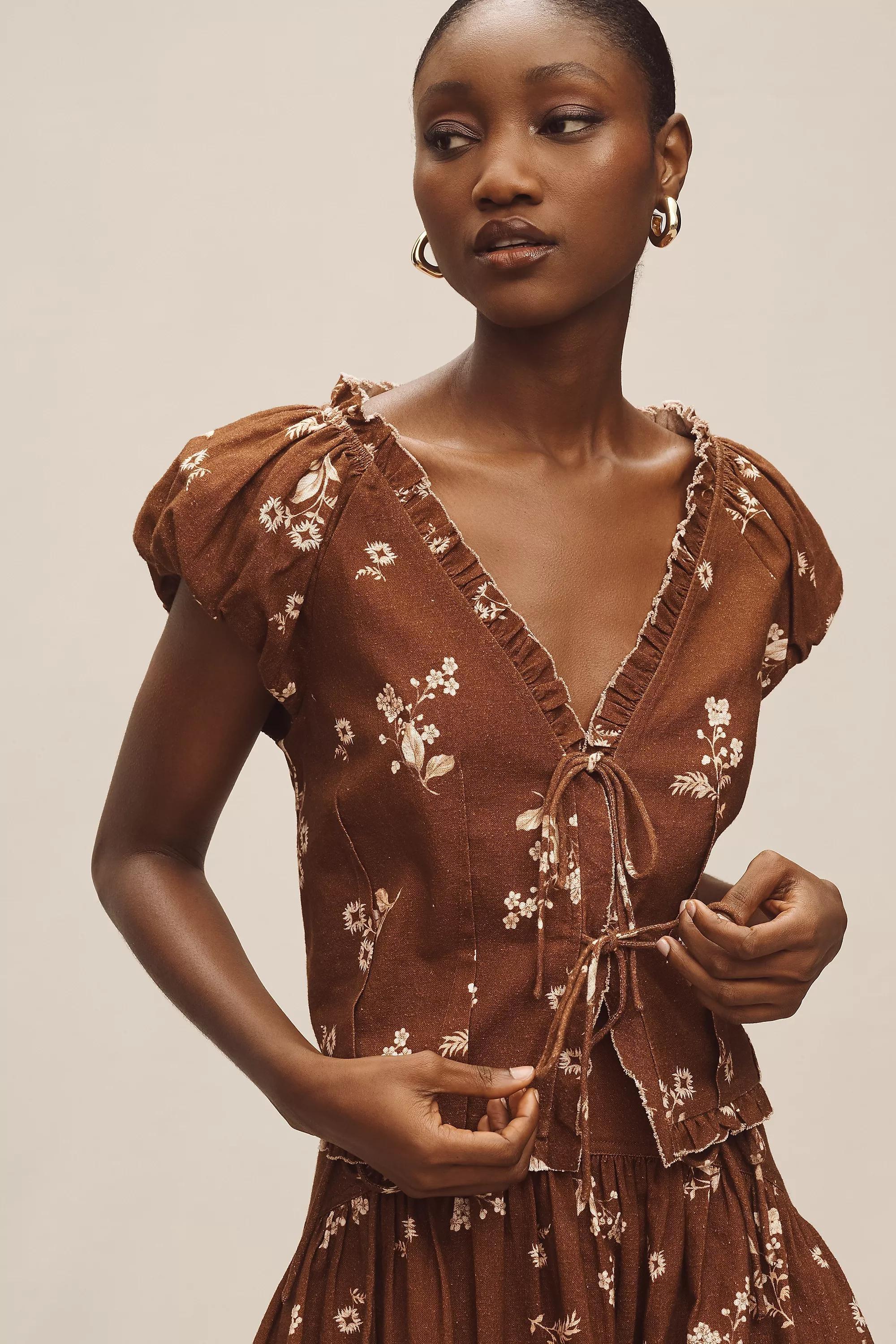 Anthropologie Floral Tie Front Cropped, Brown, , large image number 0