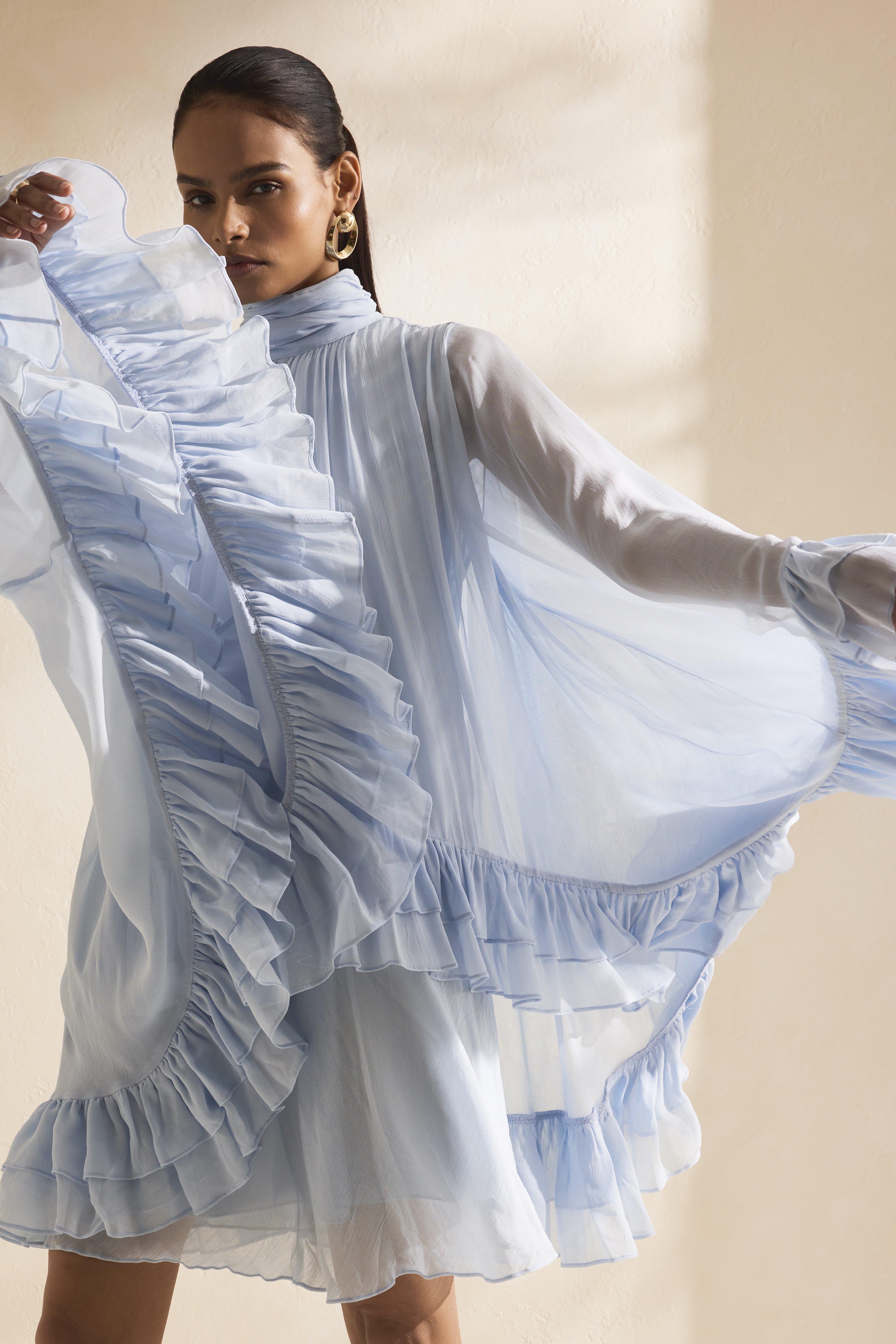 Ruffle Cape Mini Dress, Blue, , large image number 0
