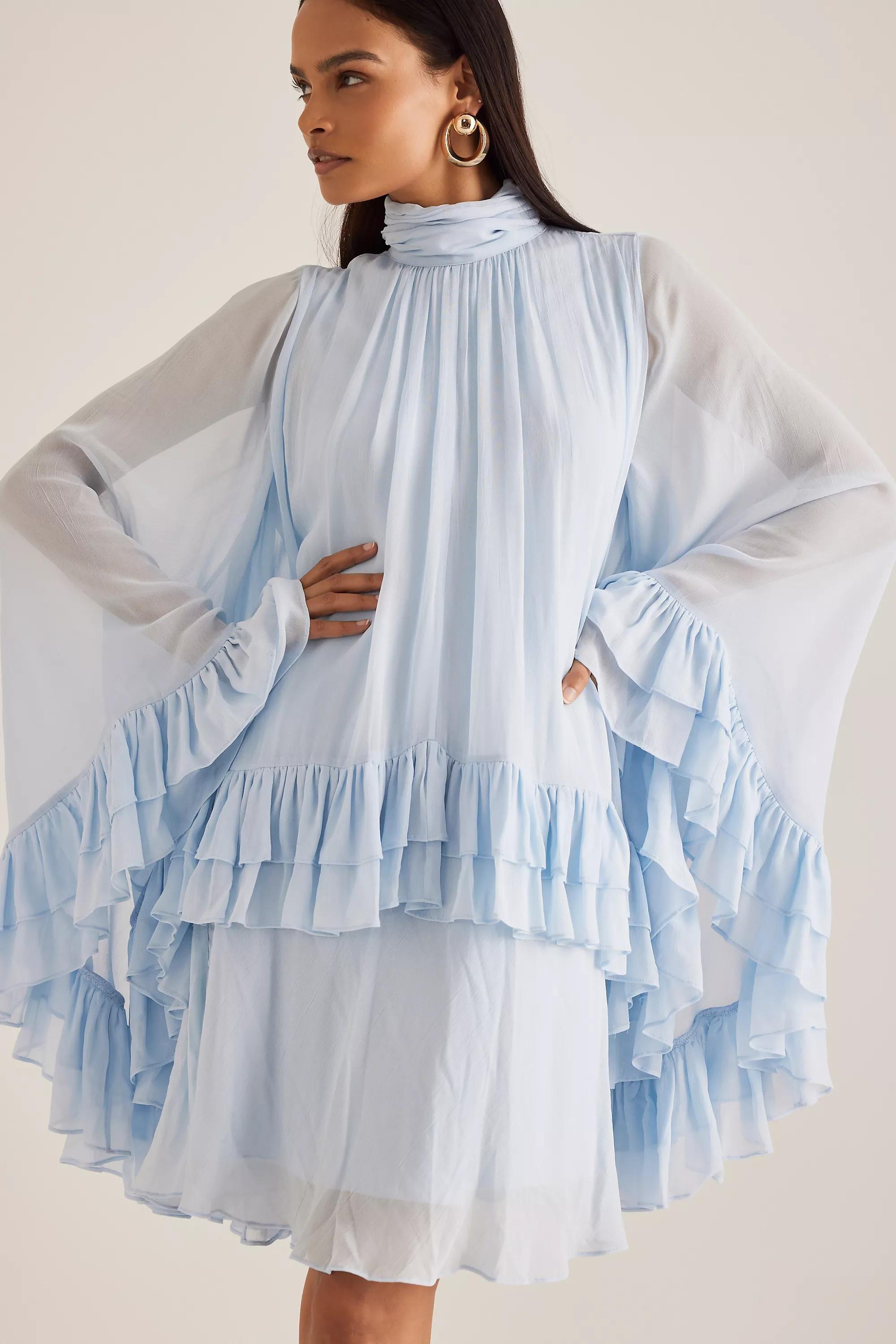Ruffle Cape Mini Dress, Blue, , large image number 1