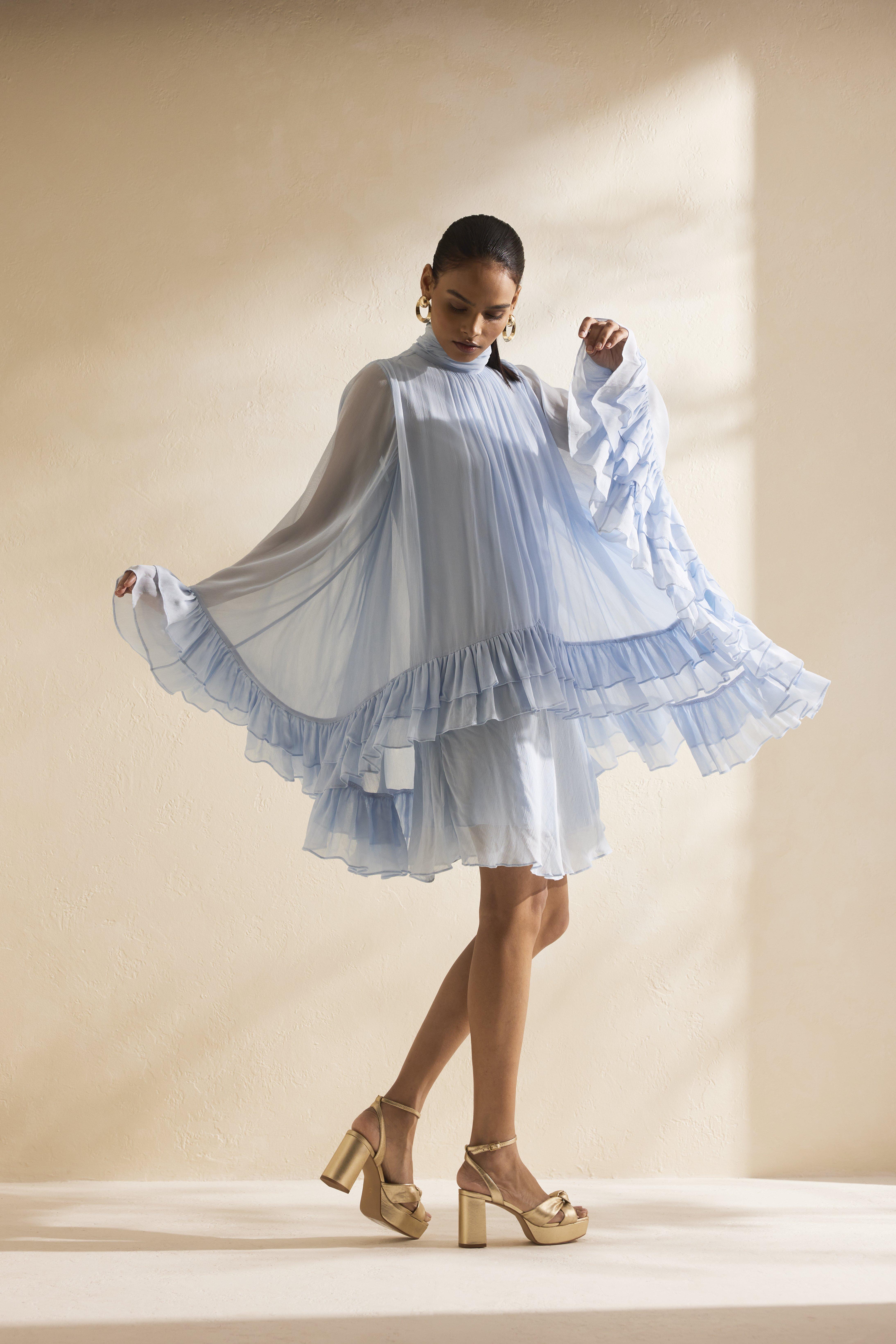 Ruffle Cape Mini Dress, Blue, , large image number 2