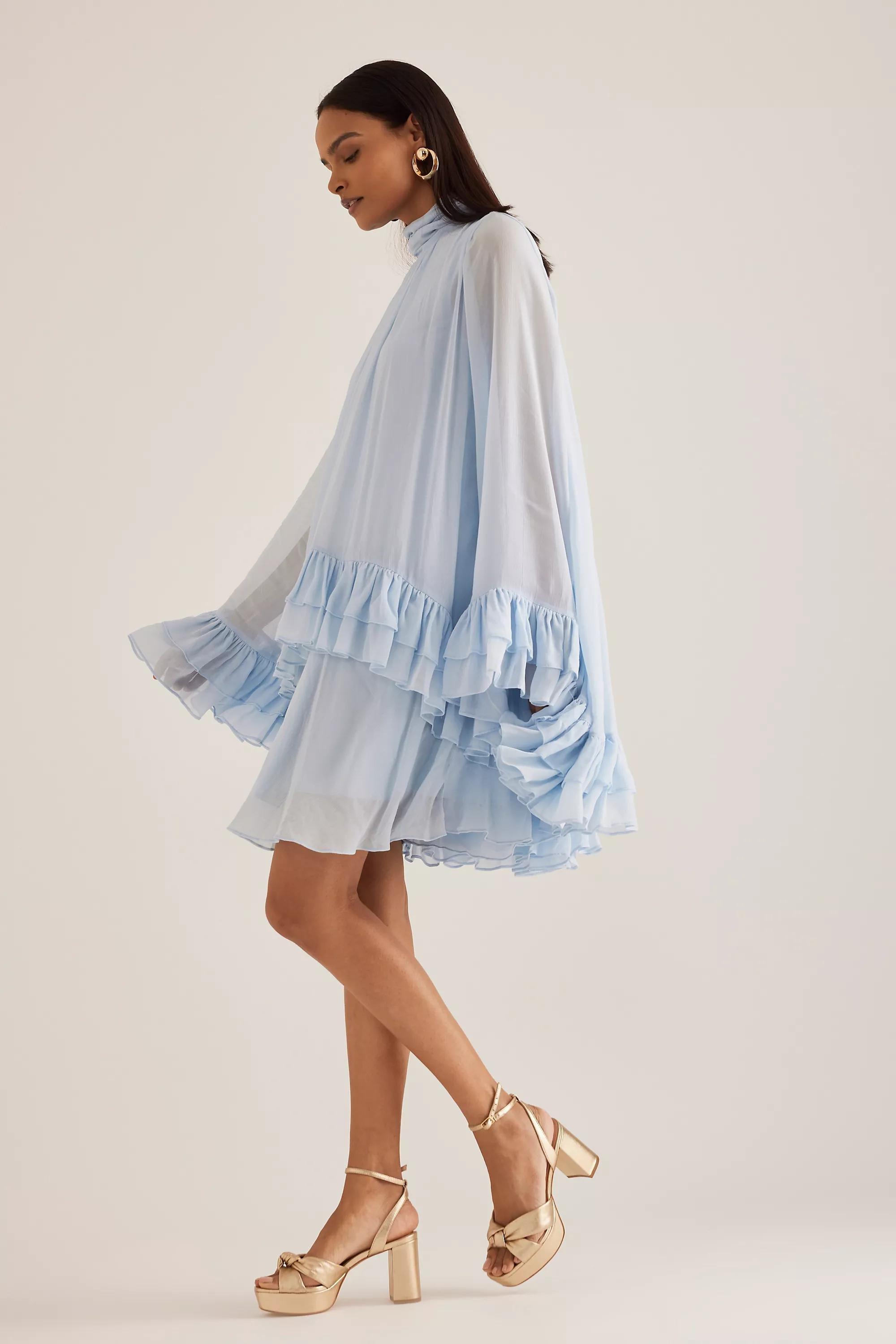 Ruffle Cape Mini Dress, Blue, , large image number 3