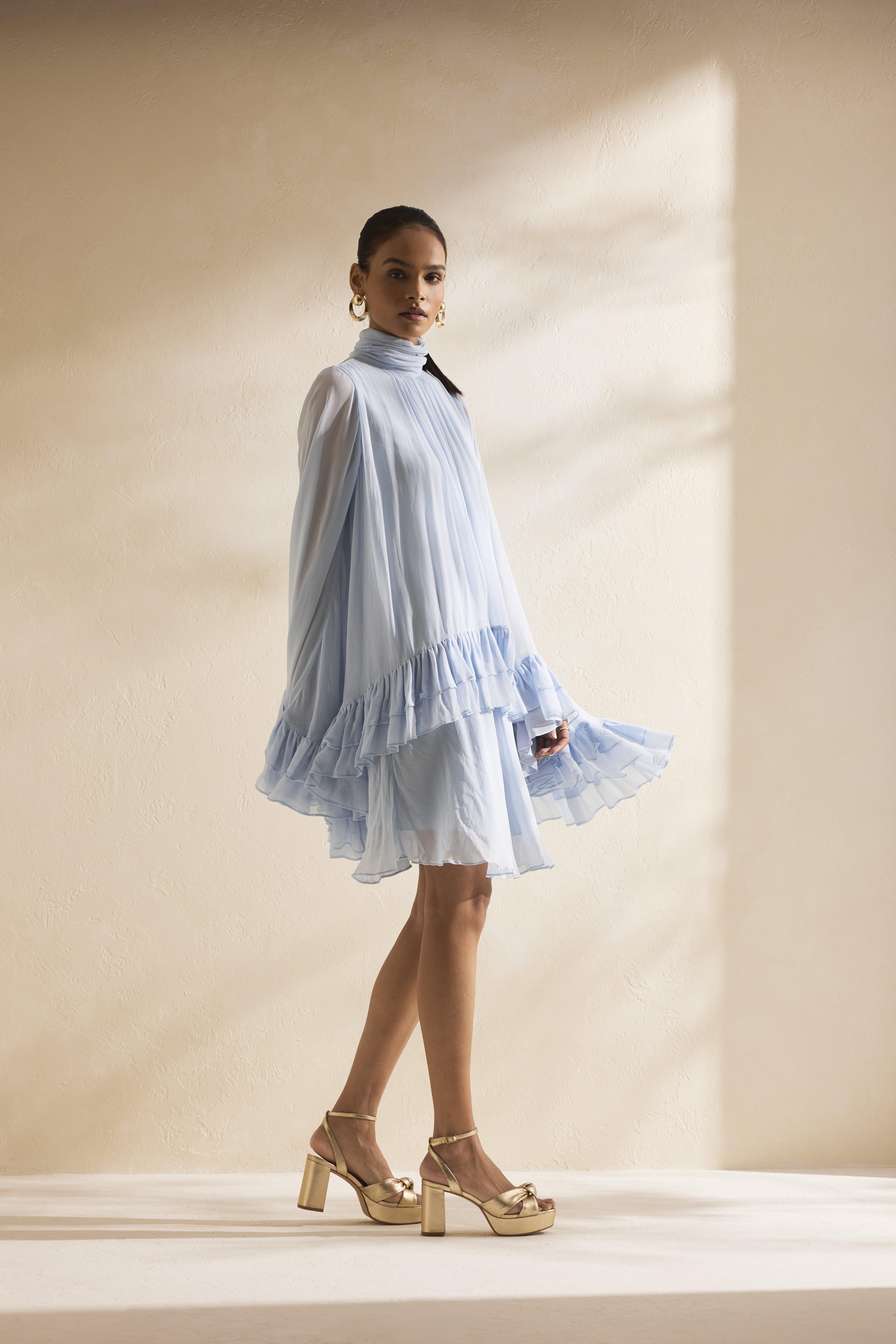 Ruffle Cape Mini Dress, Blue, , large image number 4