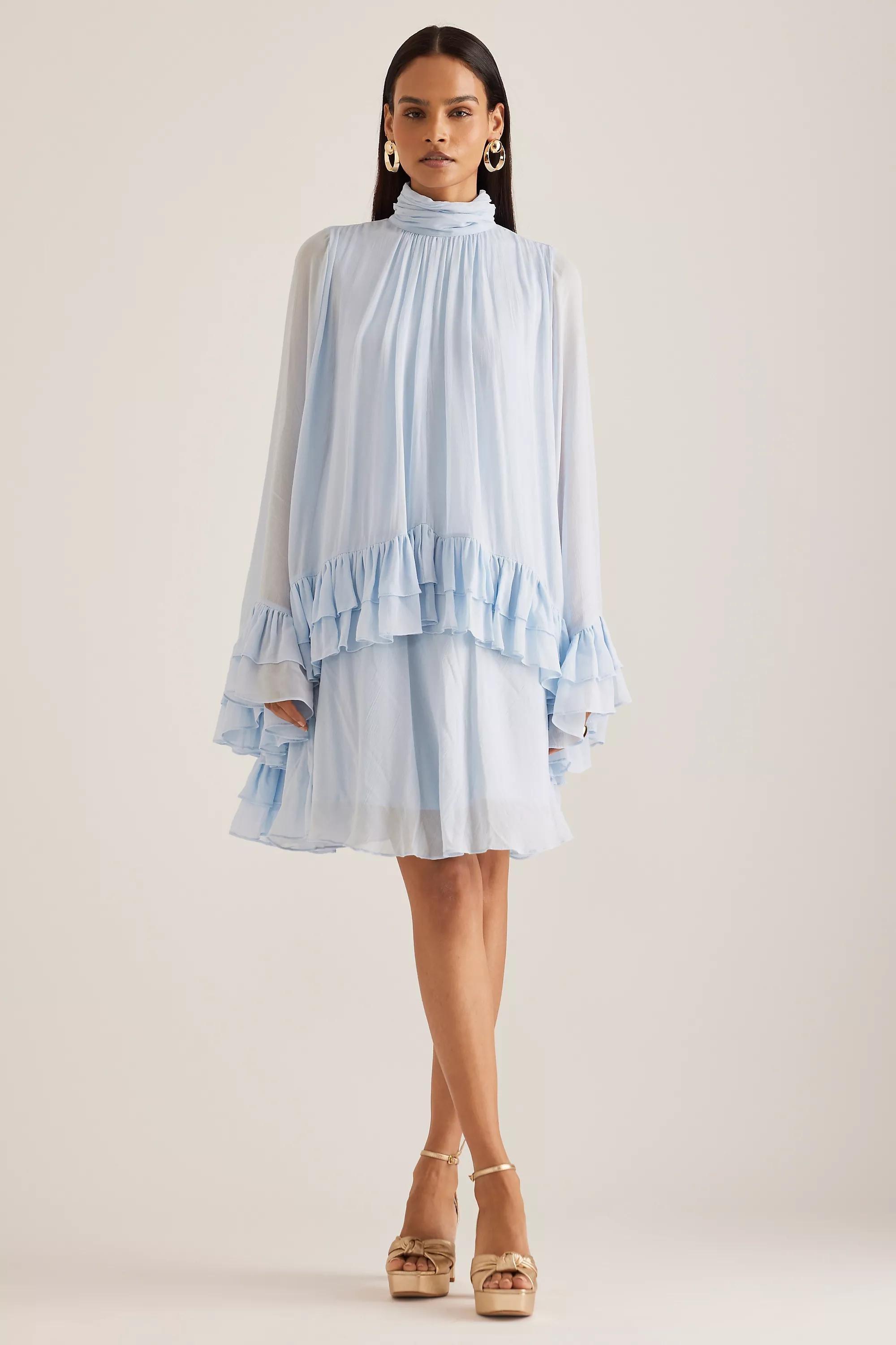 Ruffle Cape Mini Dress, Blue, , large image number 5