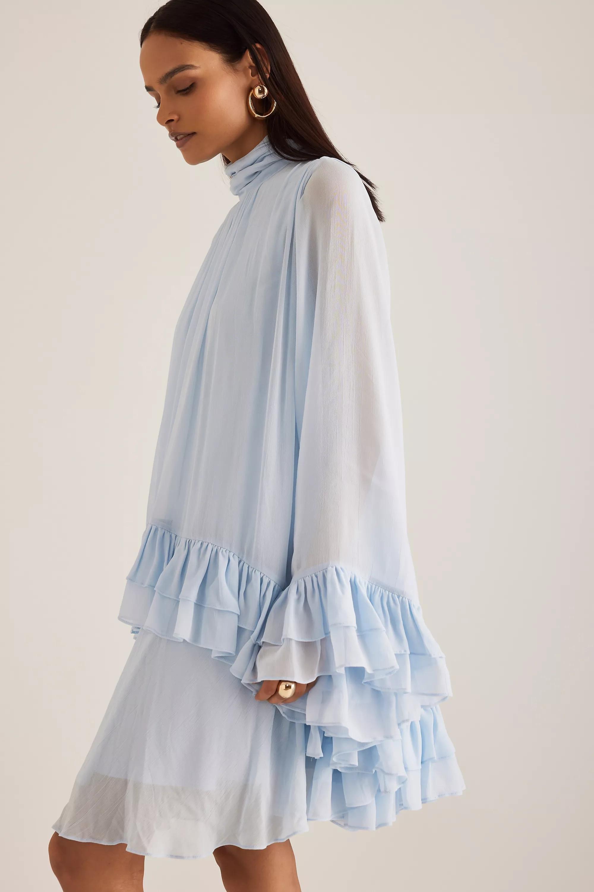 Ruffle Cape Mini Dress, Blue, , large image number 6