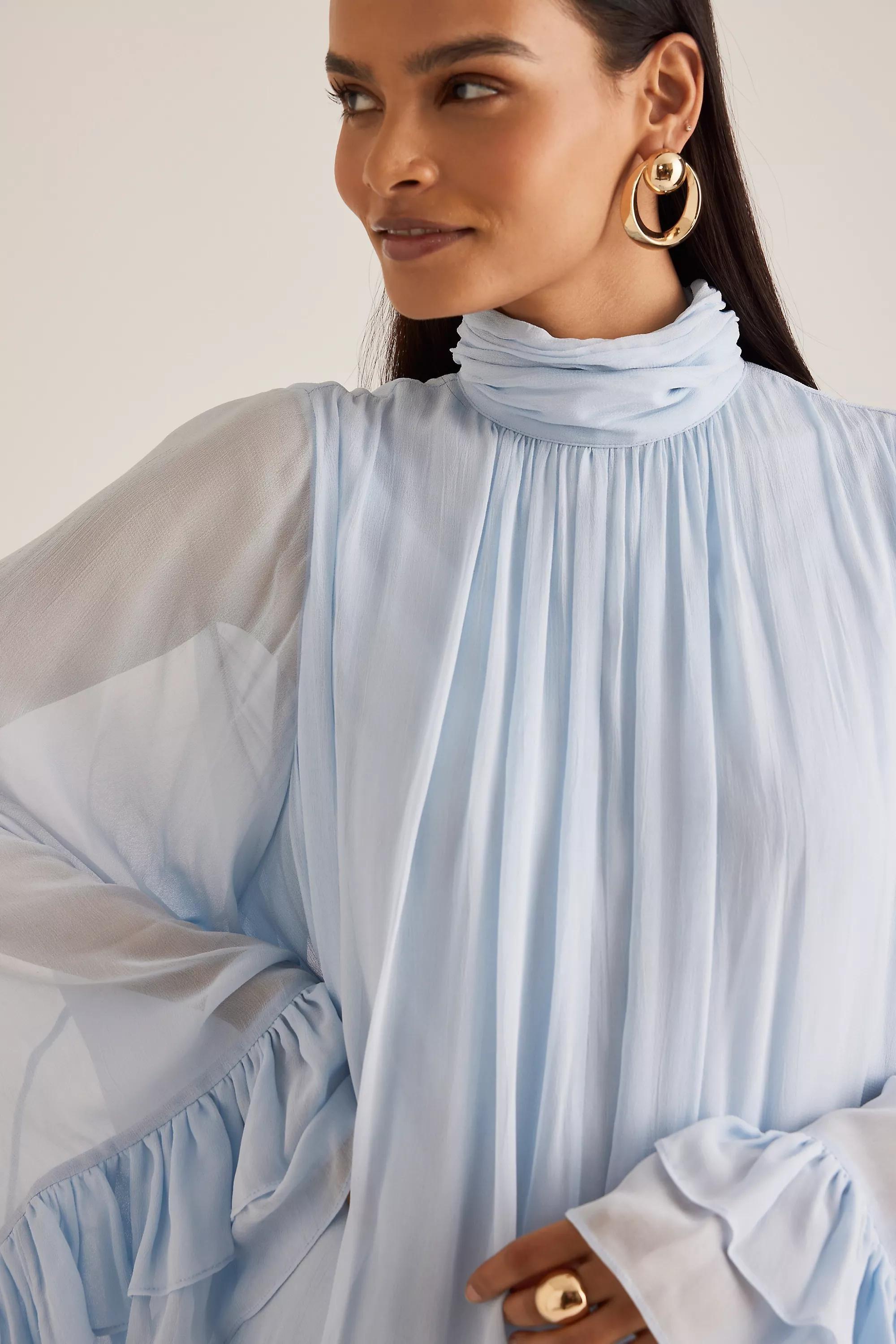 Ruffle Cape Mini Dress, Blue, , large image number 7