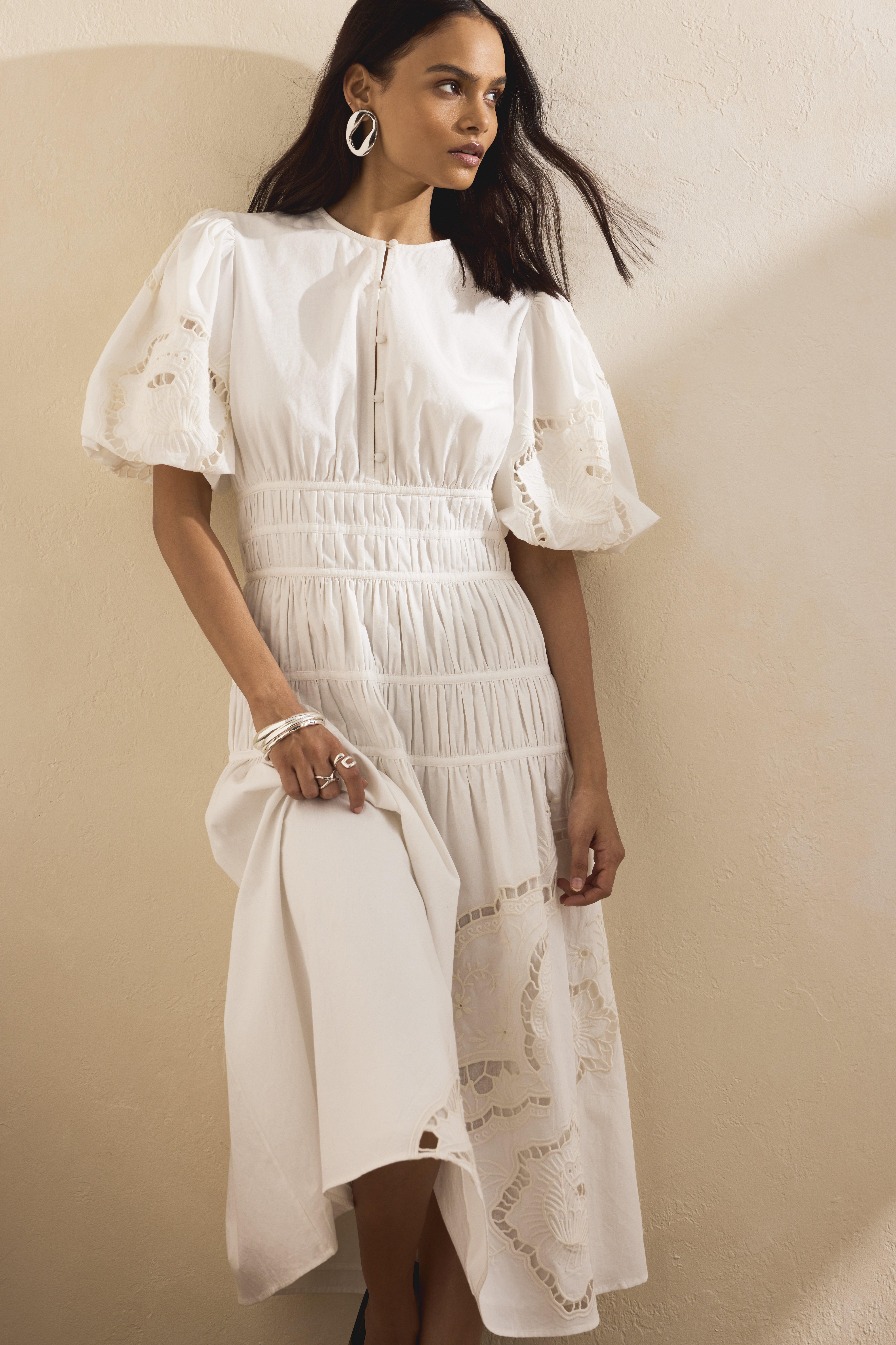 Cutwork Poplin Midi Dress, White, , large image number 0