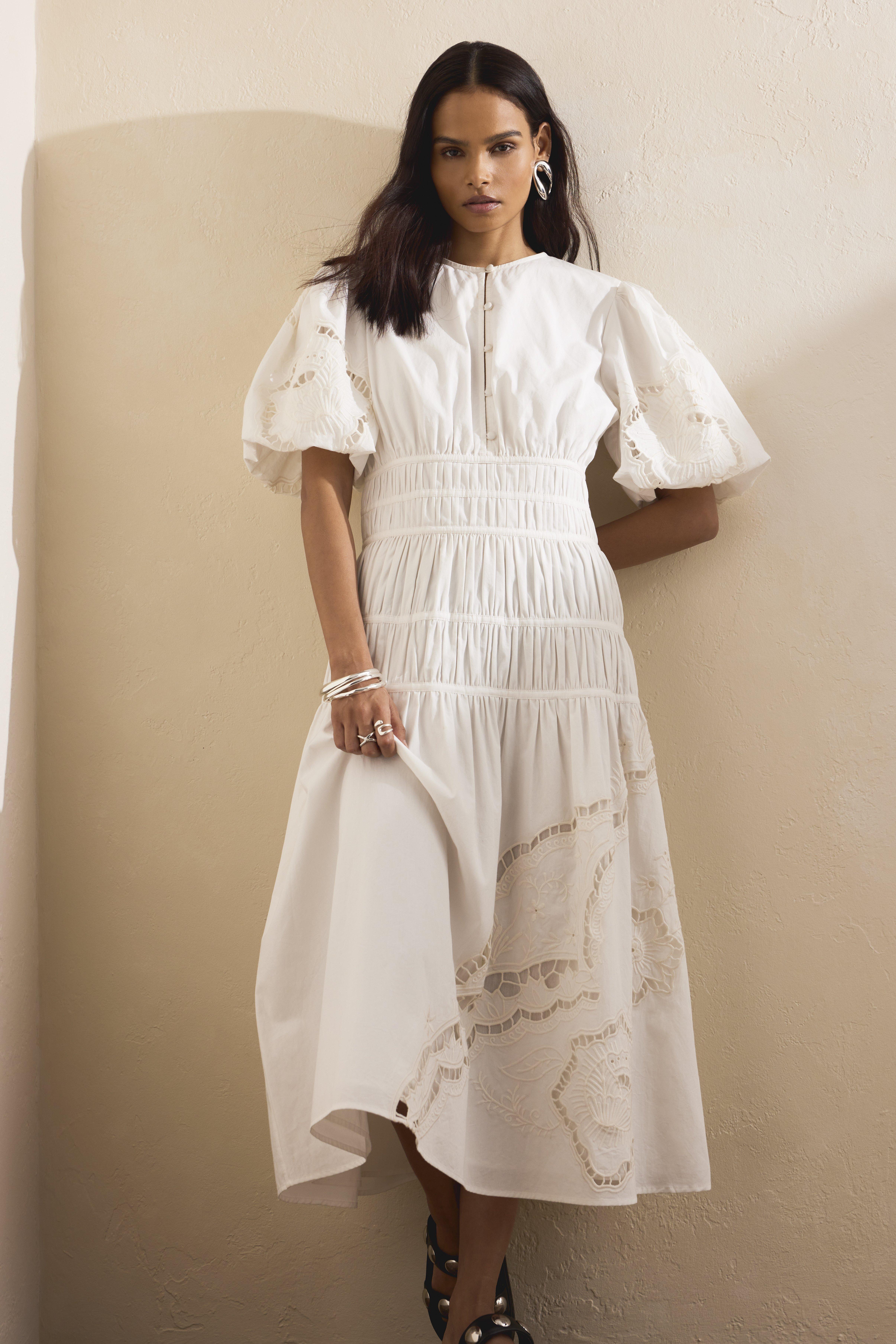 Cutwork Poplin Midi Dress, White, , large image number 1
