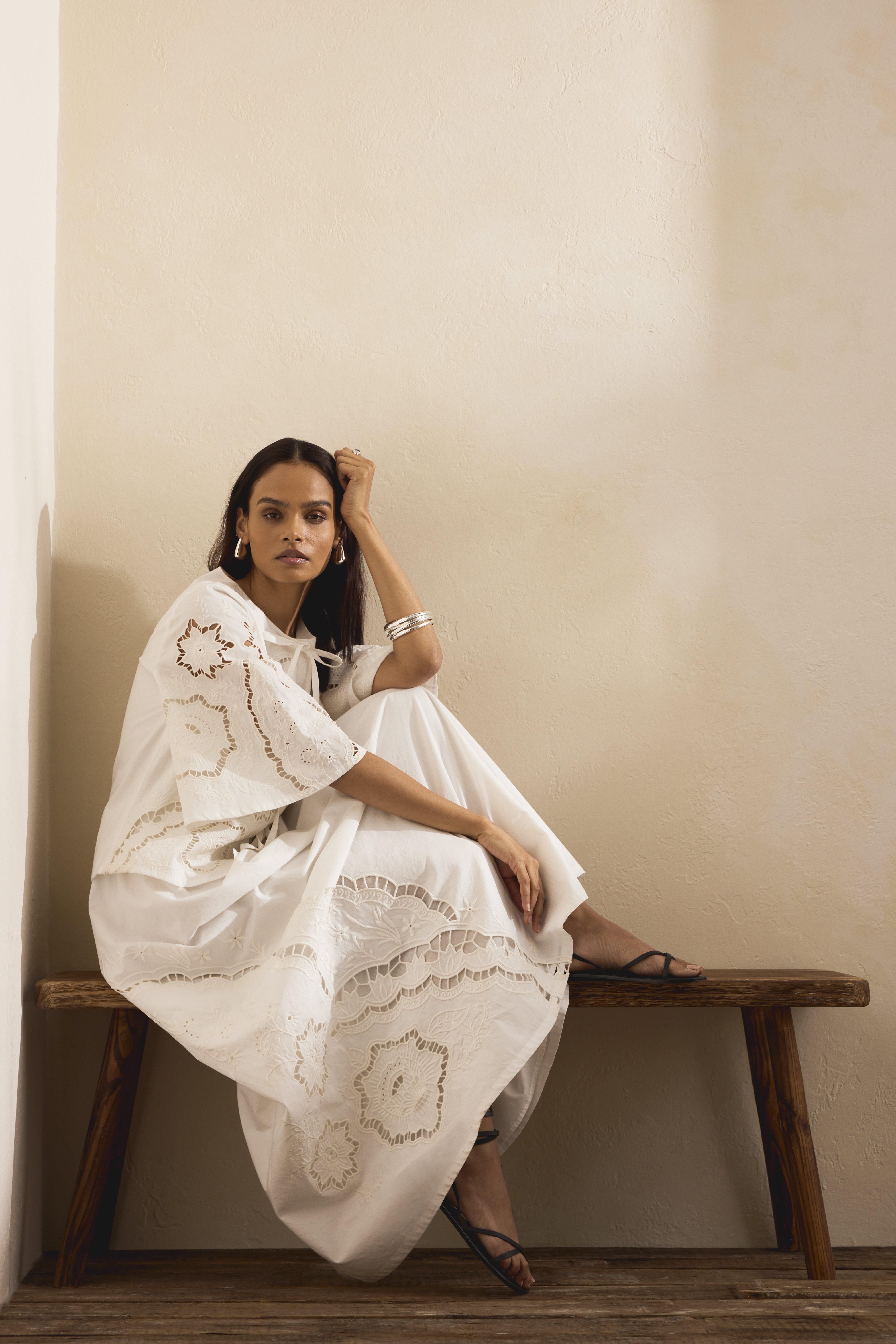 Cutwork Poplin Midi Dress, White, , large image number 2