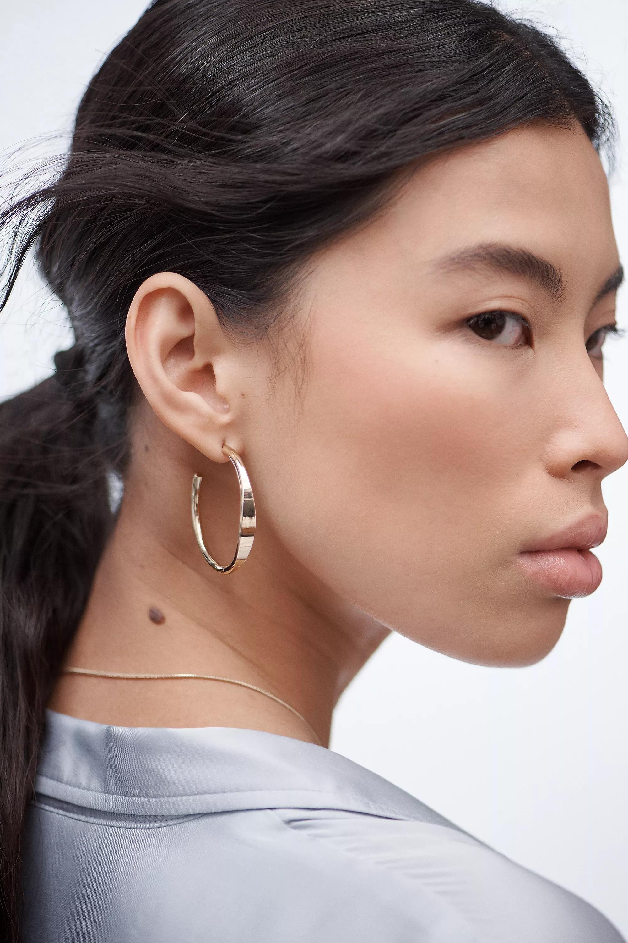 Thin Rocker Hoop Earrings, Gold, , medium