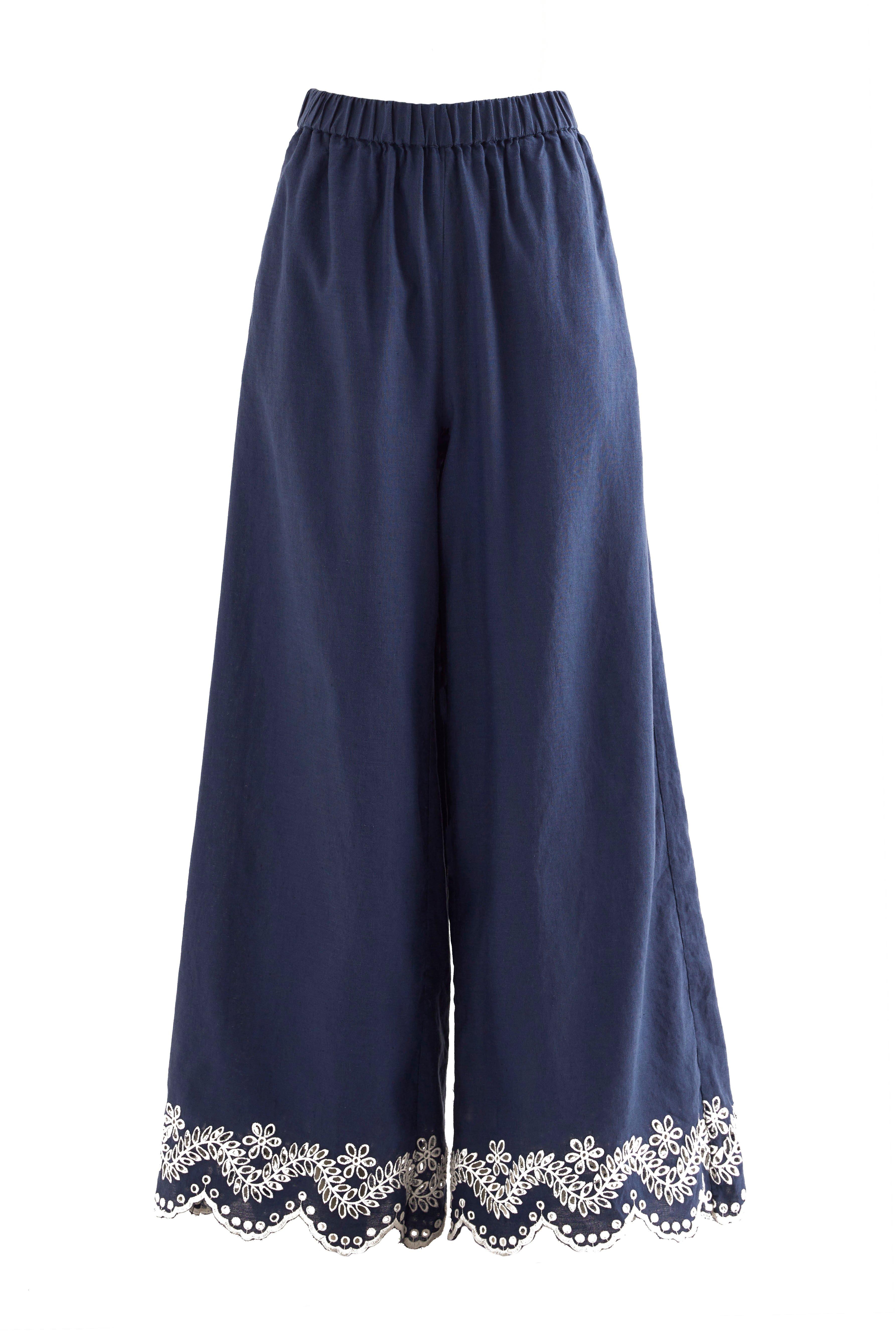 Fe Embroidered Hem Linen Trousers, Blue, , large image number 0