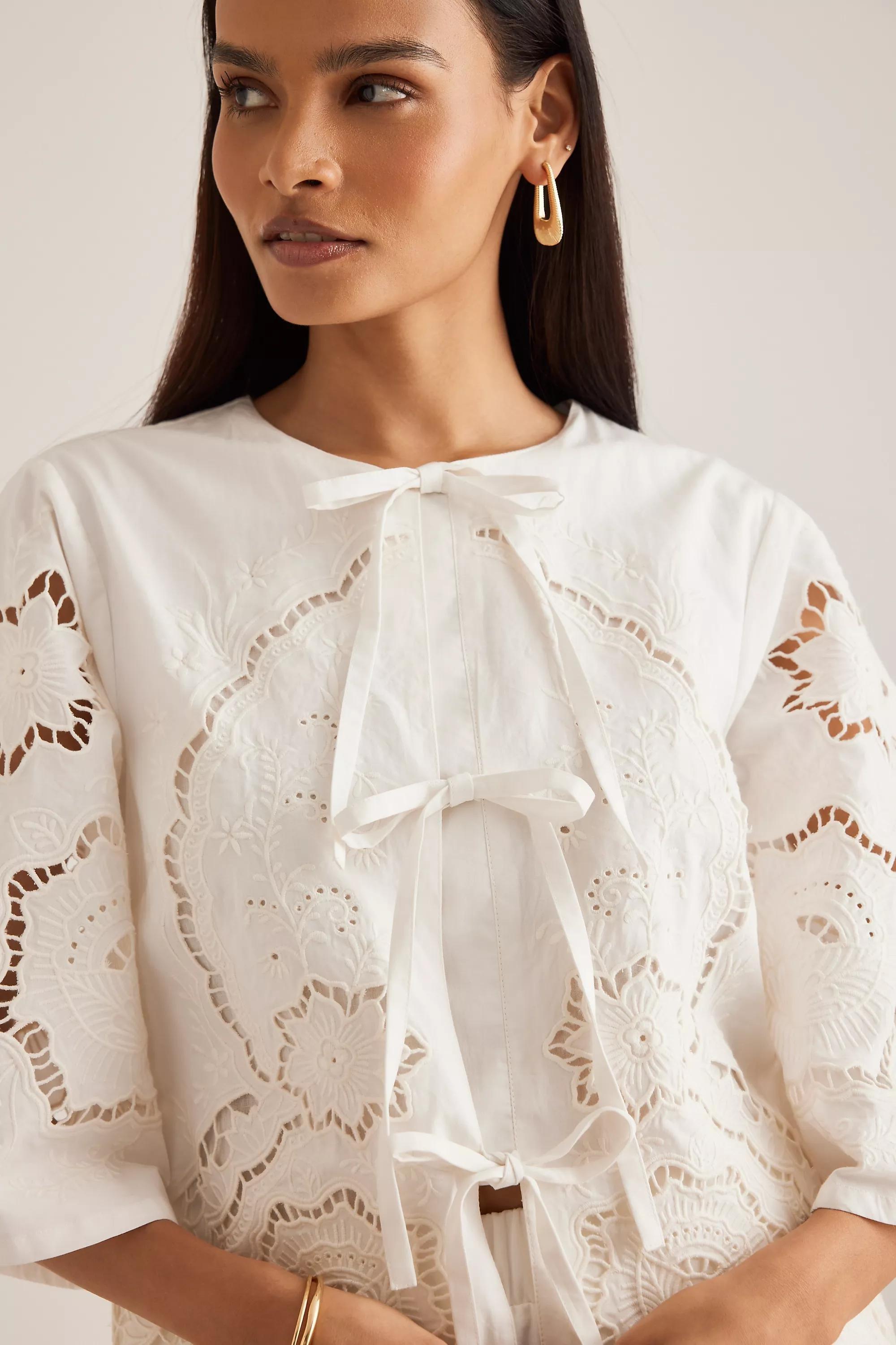 Fe Cutwork Poplin Tie Blouse, Multicolour, , large image number 3