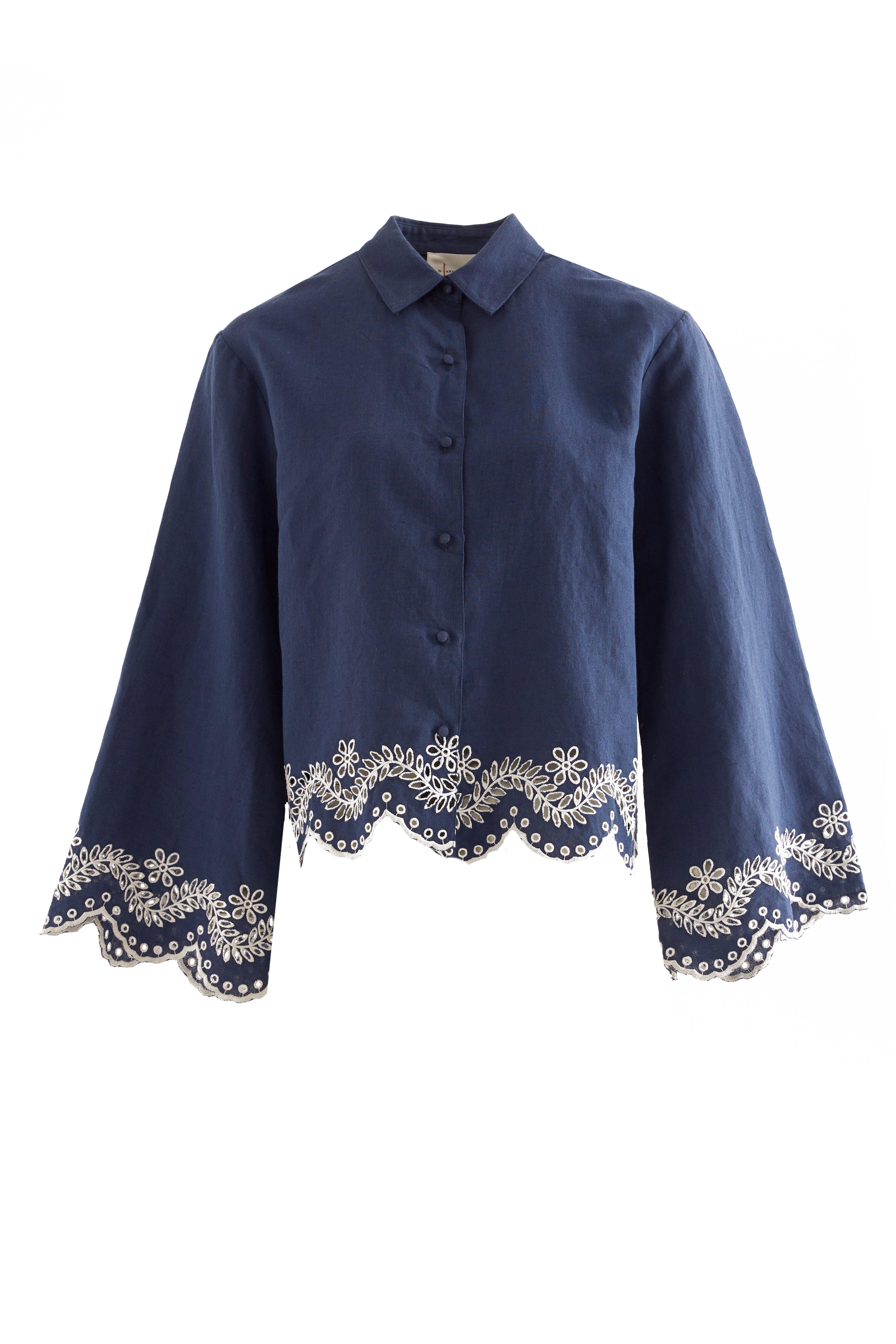 Embroidered Hem Linen Shirt, Blue, , large image number 0