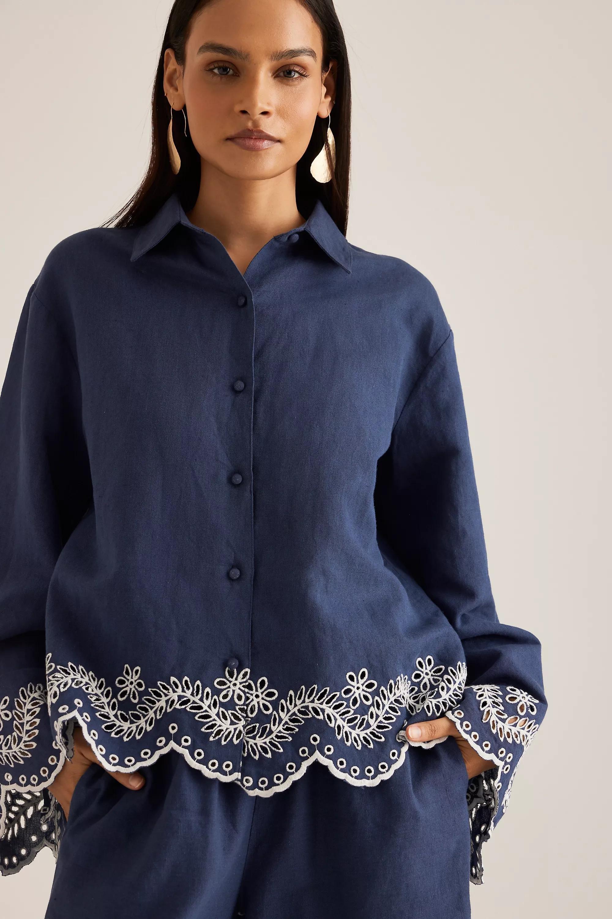 Embroidered Hem Linen Shirt, Blue, A501_0041, large image number 1