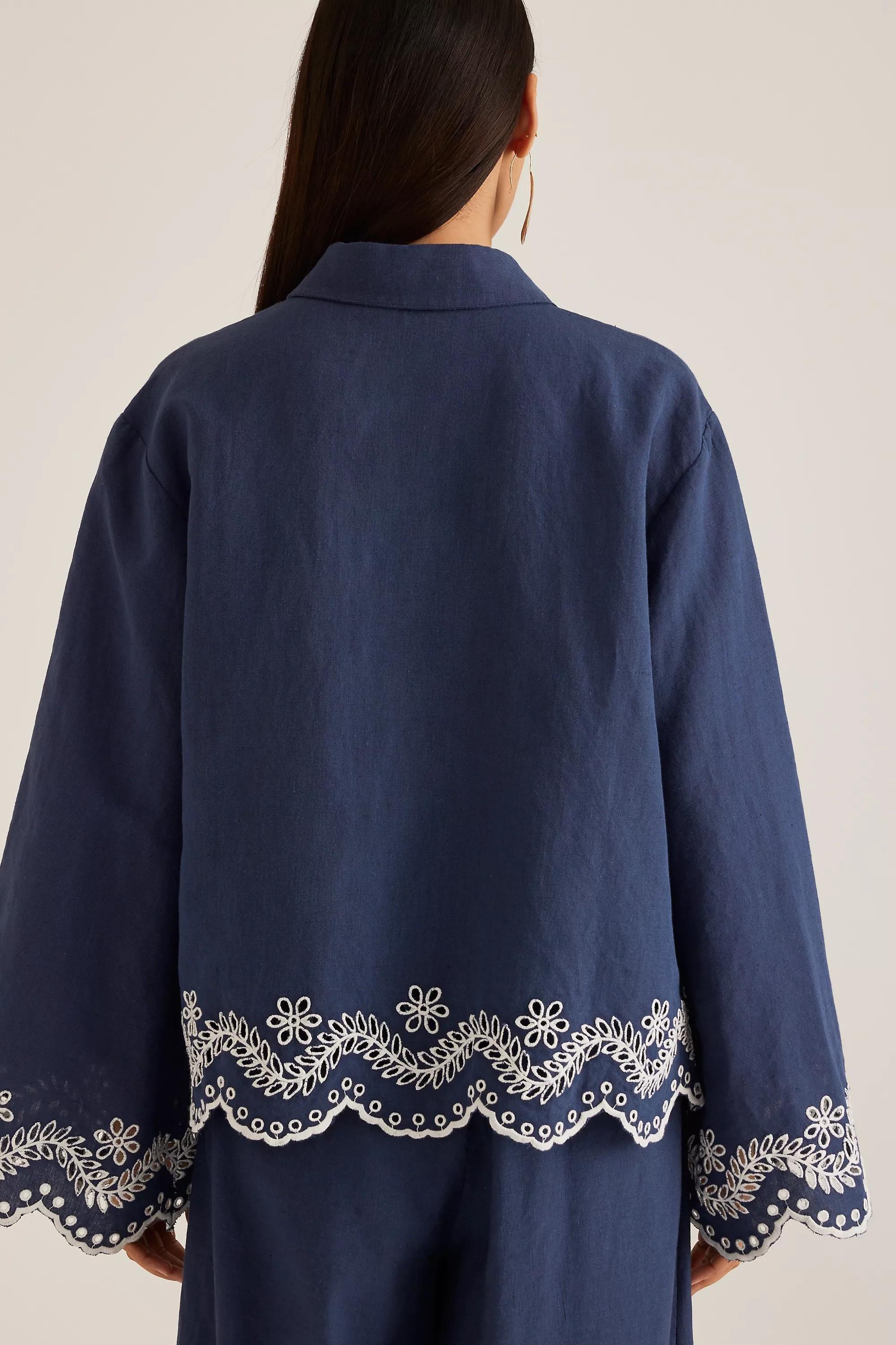 Embroidered Hem Linen Shirt, Blue, A501_0041, large image number 2