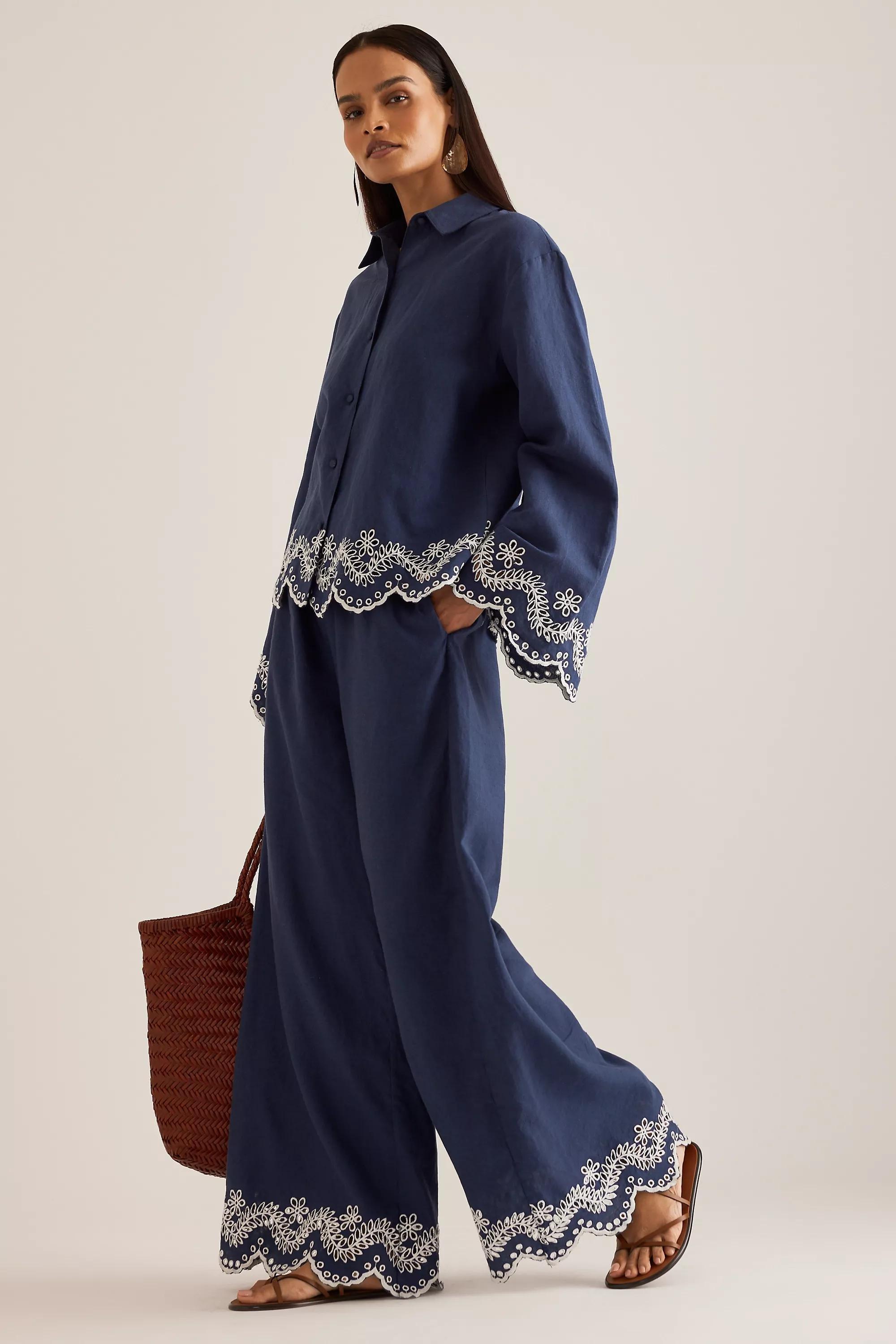 Embroidered Hem Linen Shirt, Blue, A501_0041, large image number 3