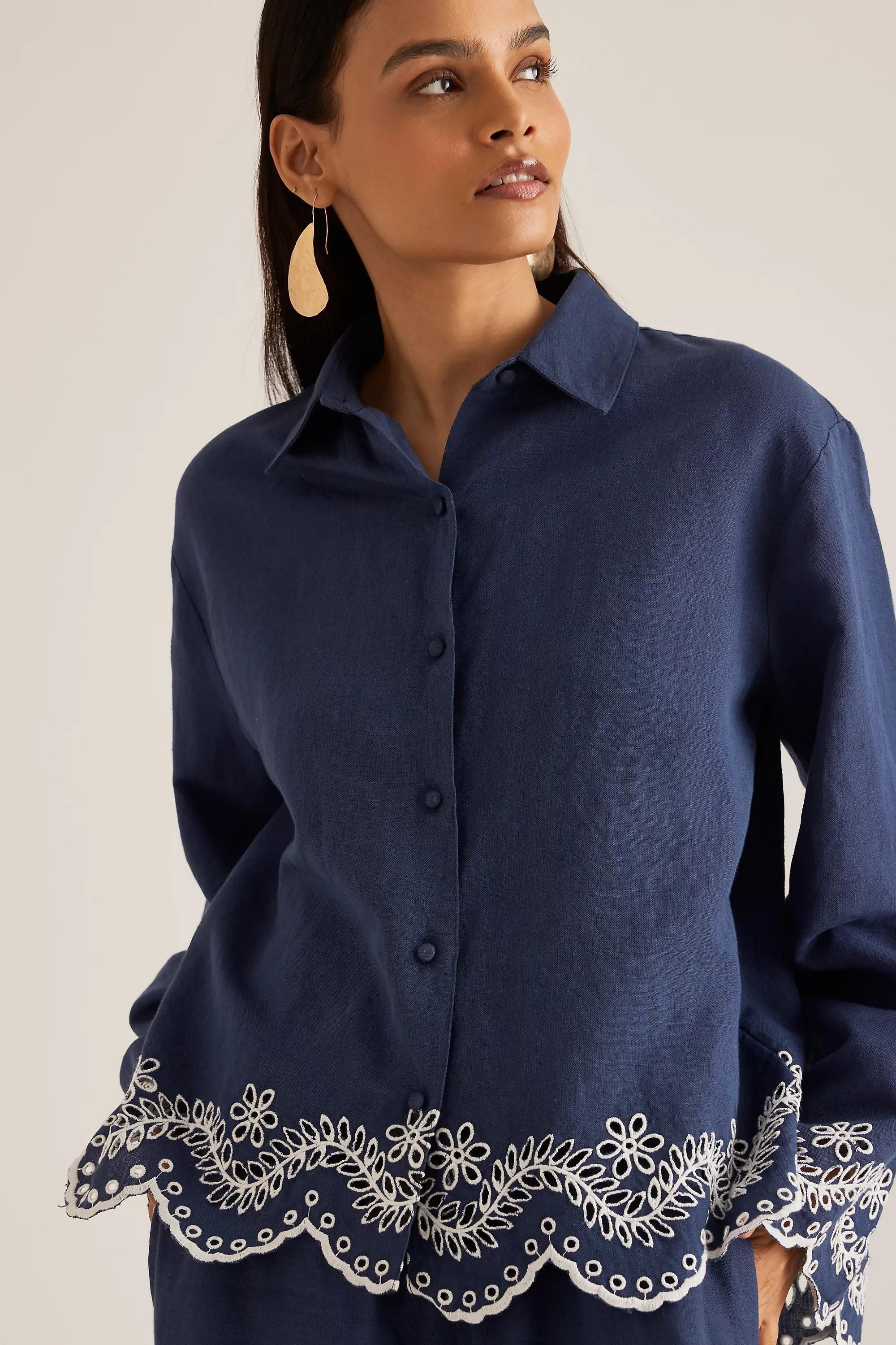 Embroidered Hem Linen Shirt, Blue, A501_0041, large image number 4