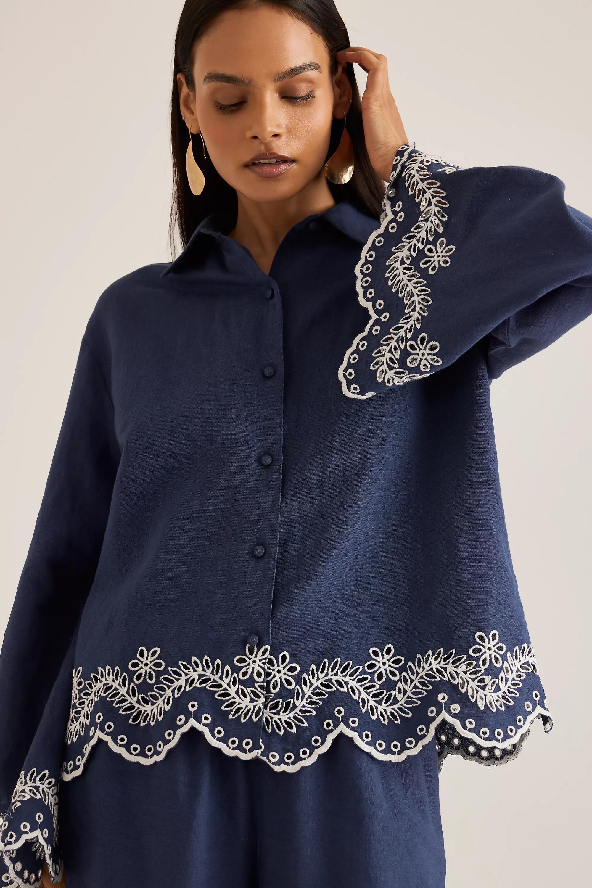 Embroidered Hem Linen Shirt, Blue, A501_0041, large image number 5