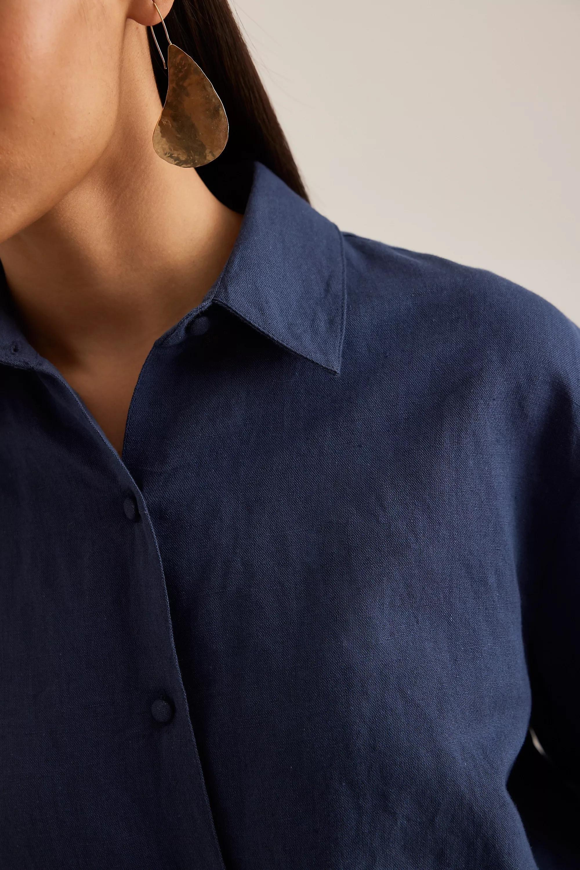 Embroidered Hem Linen Shirt, Blue, A501_0041, large image number 6