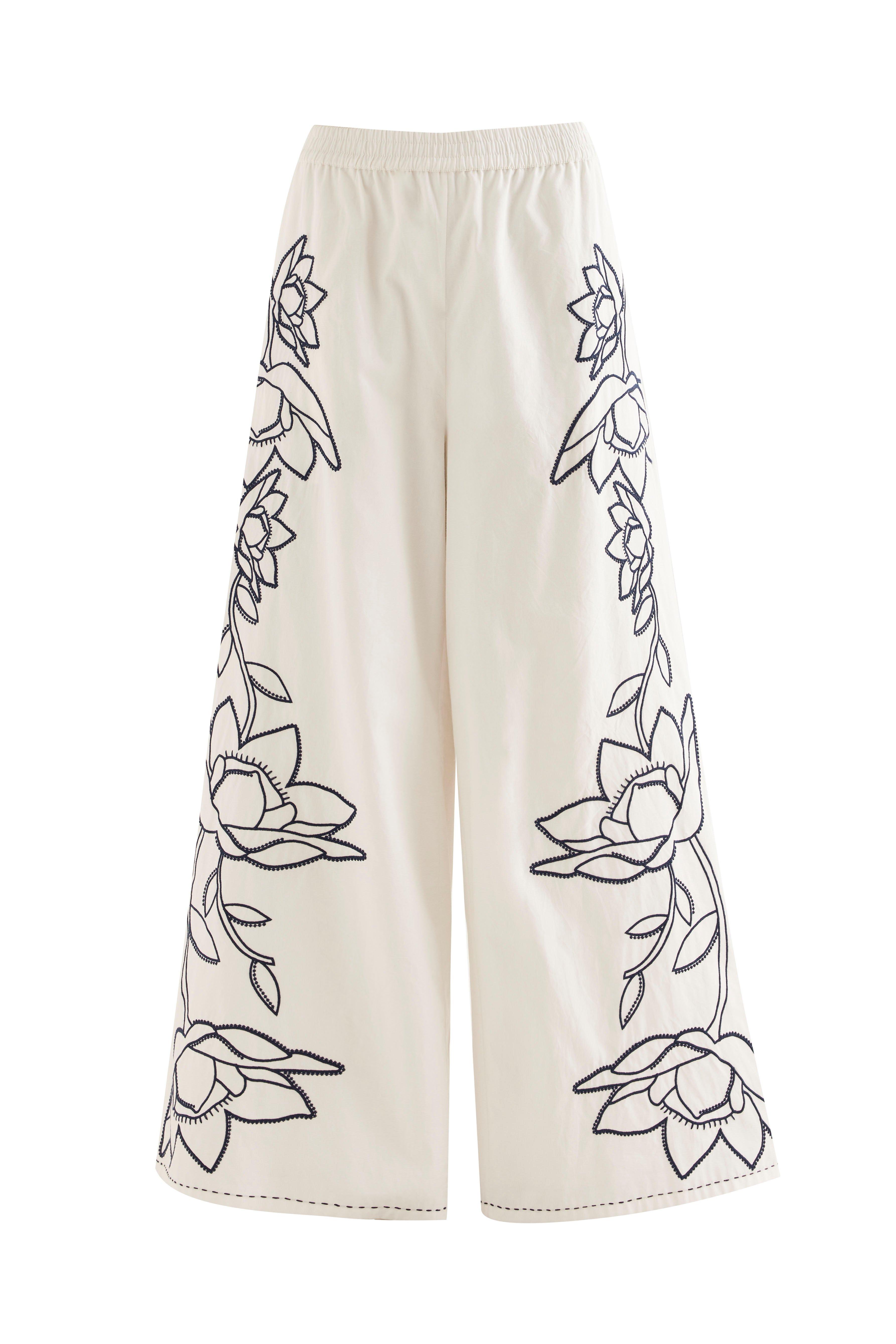 Fe Floral Embroidered Poplin Trouser, Multicolour, , large image number 0