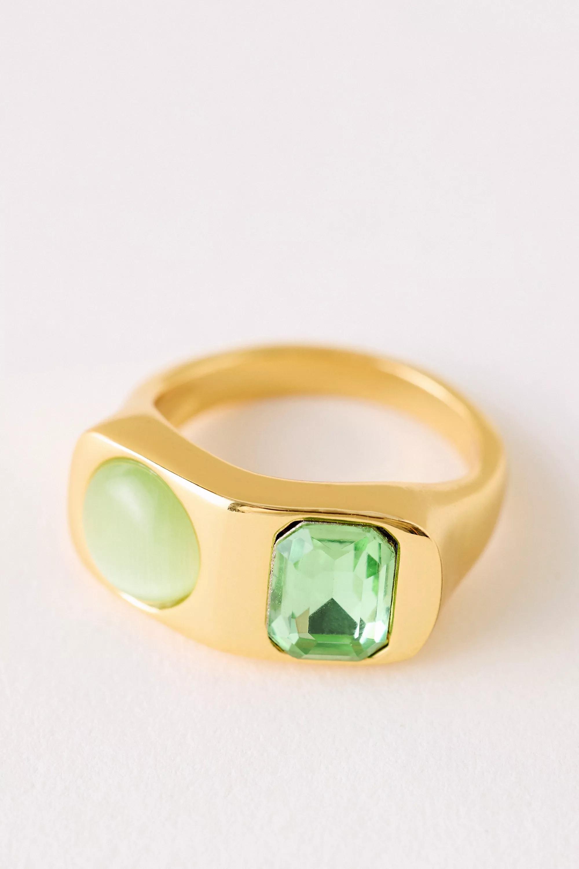 Gold-Plated Stone Ring, Green, , medium