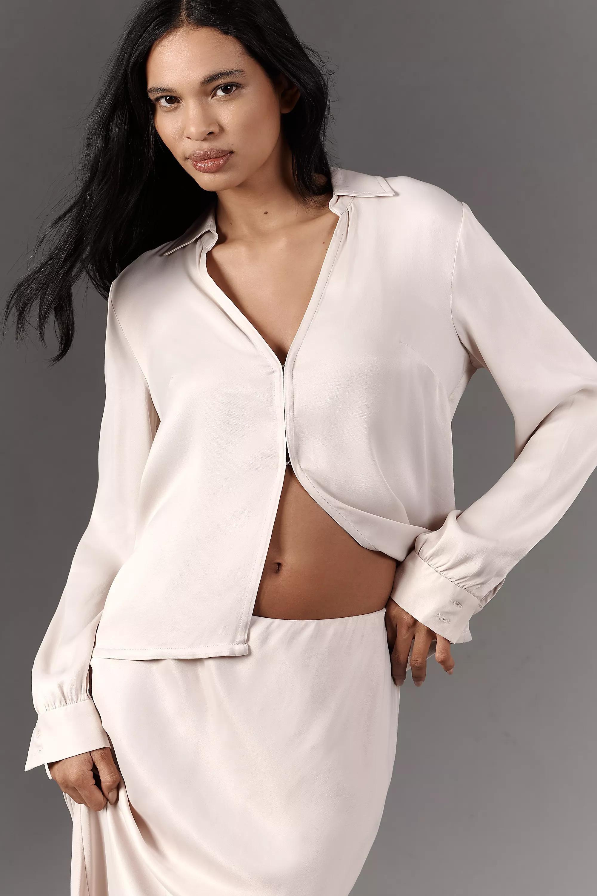 Anthropologie Satin Finish Blouse, White, , large image number 0