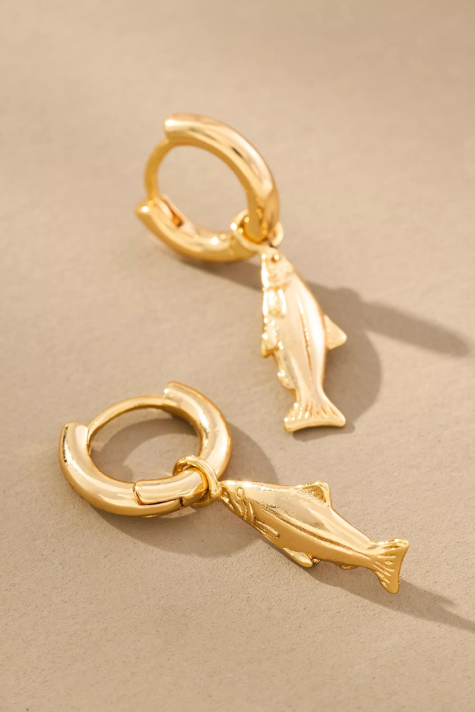 GOLD Portofino Fish Charm Huggie Hoop Earrings, A501_0070, large image number 0