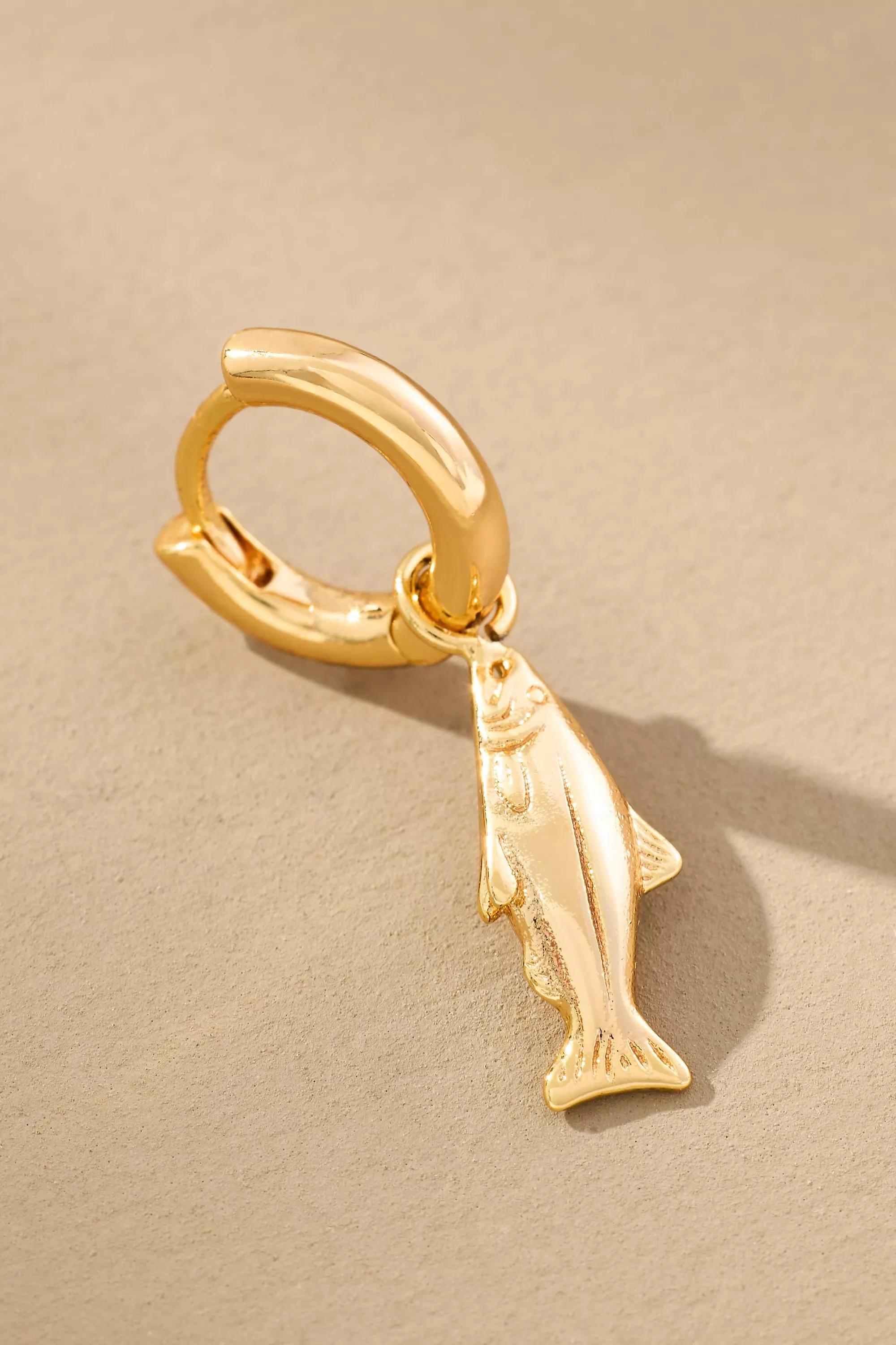 GOLD Portofino Fish Charm Huggie Hoop Earrings, A501_0070, large image number 1