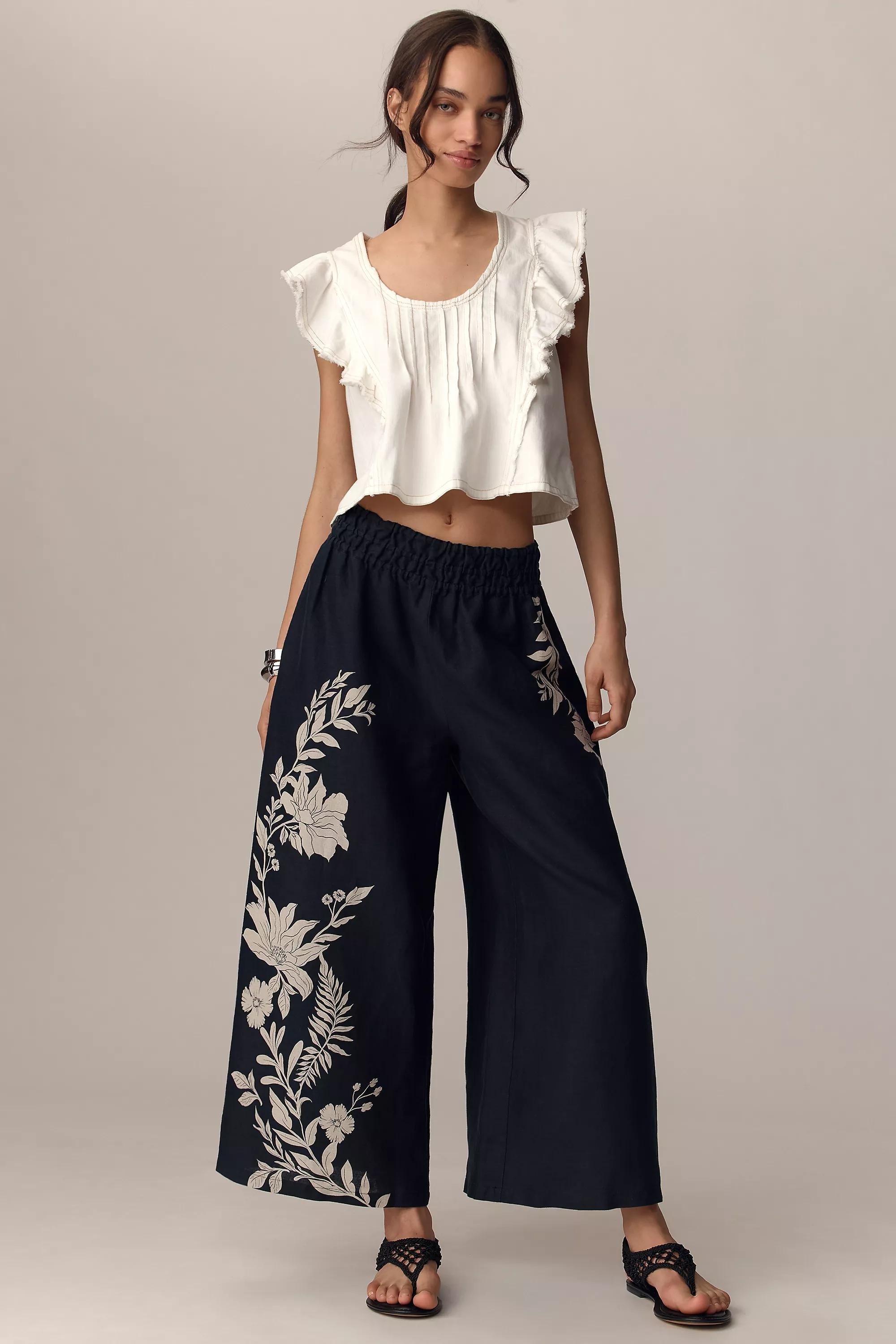 Anthropologie Floral Casual Trousers, Black, A501_0009, medium