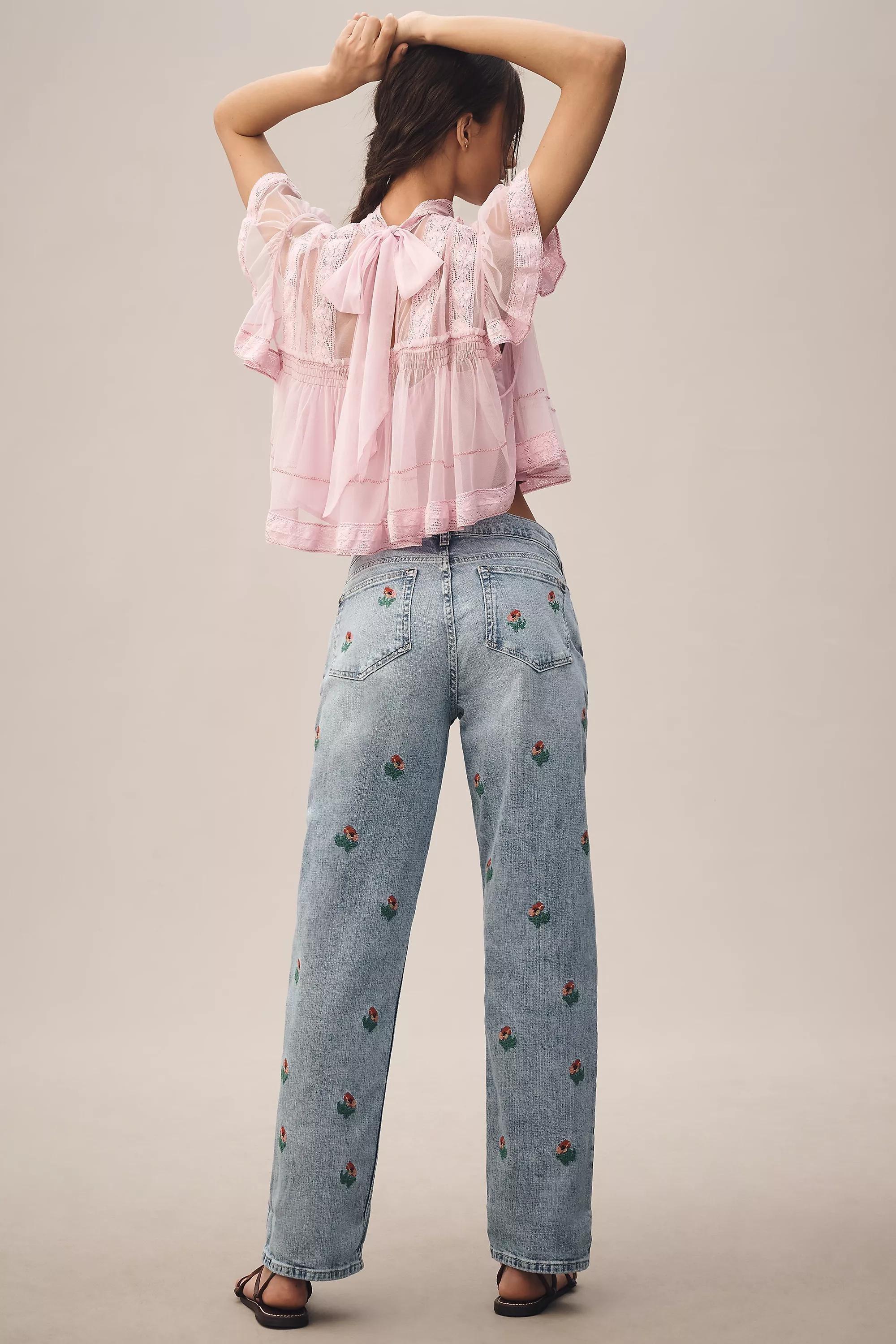 Anthropologie Embroidered Light Wash Cropped Jeans, Blue, A501_0092, medium