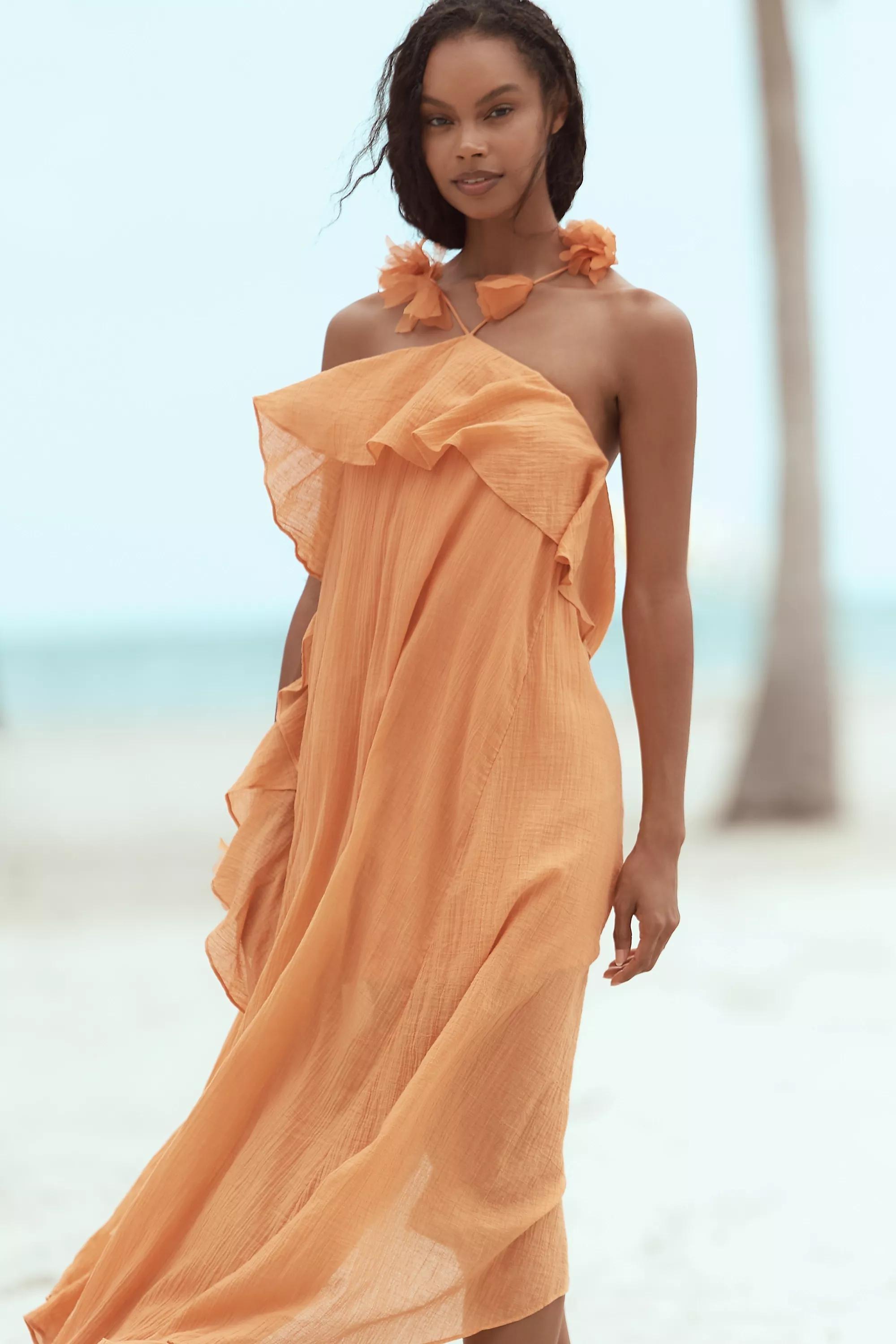 Anthropologie Frills Ruffle A-Line Vacation Maxi, Orange, , medium